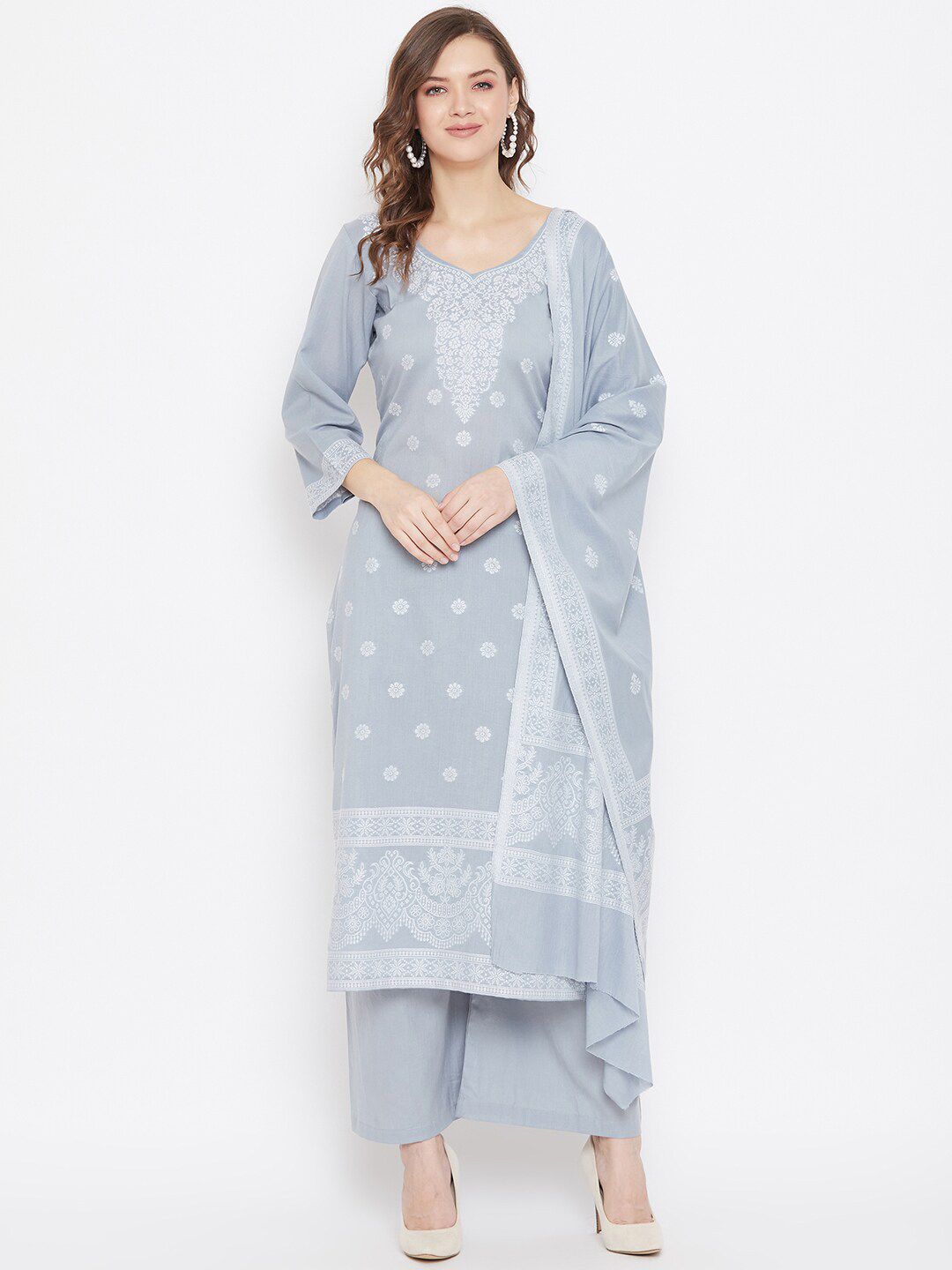 Safaa Grey & White Pure Cotton Jacquard Chikankari Woven Design Unstitched Dress Material For Summer Price in India