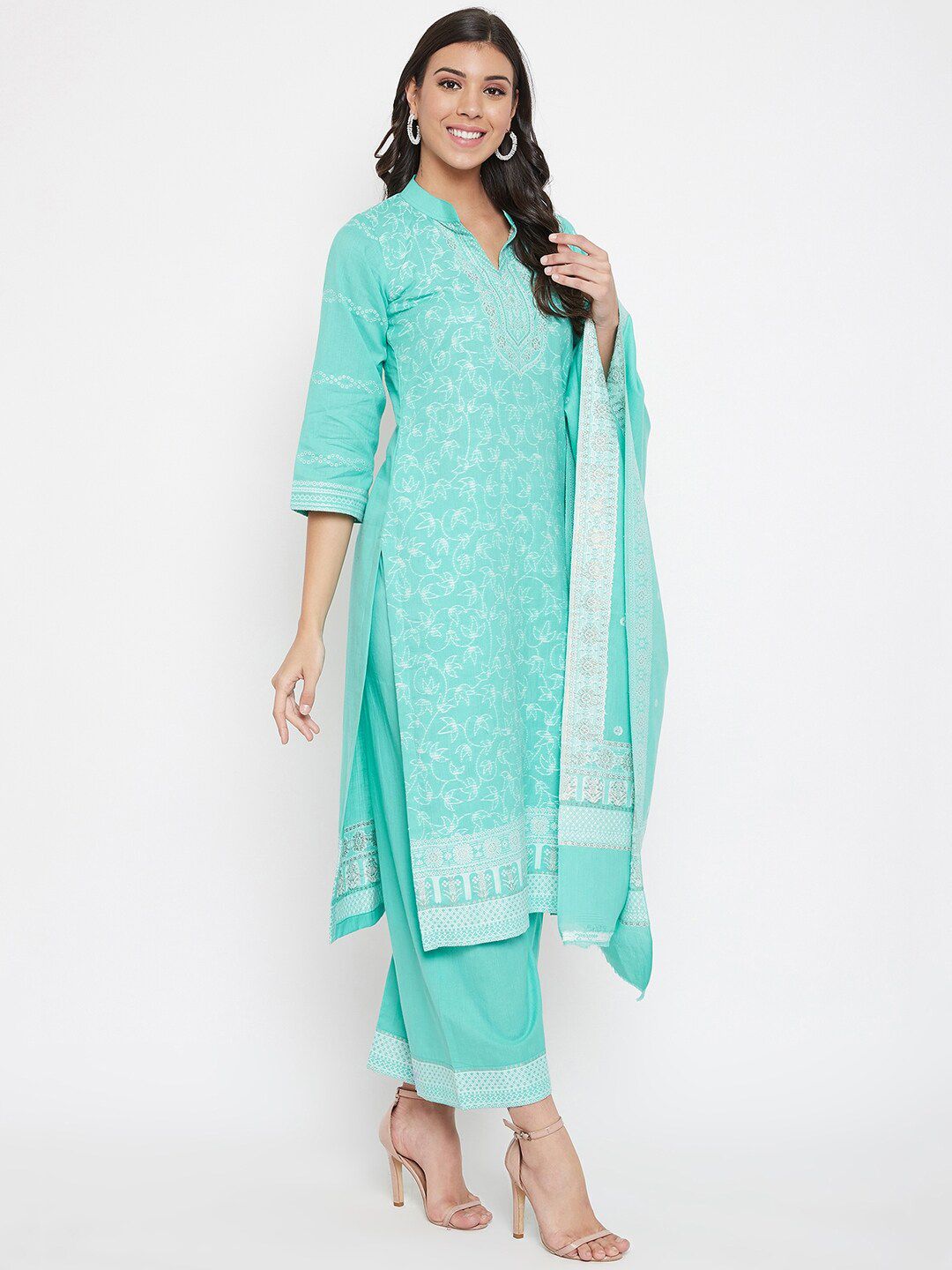 Safaa Sea Green & White Pure Cotton Woven Design Unstitched Dress Material For Summer Price in India