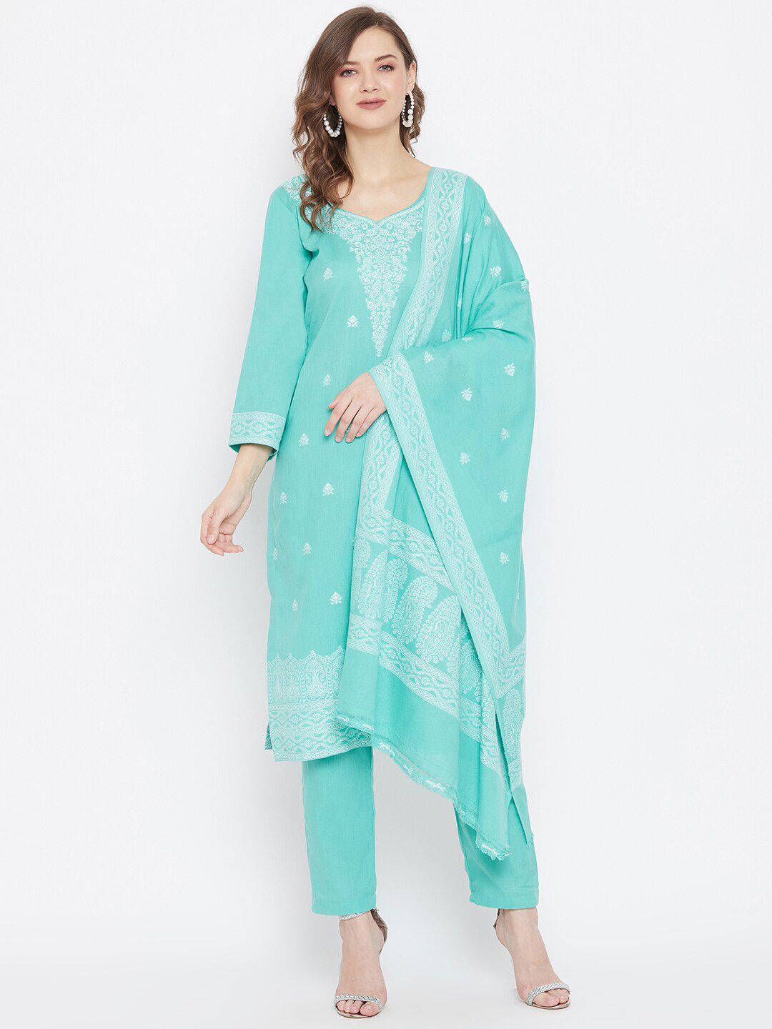 Safaa Sea Green & White Pure Cotton Woven Design Unstitched Dress Material For Summer Price in India