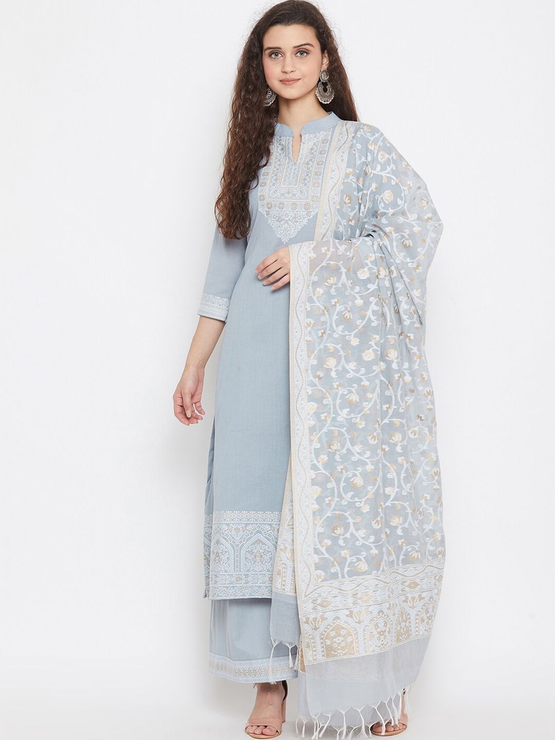 Safaa Grey & Gold-Toned Pure Cotton Woven Design Unstitched Dress Material For Summer Price in India