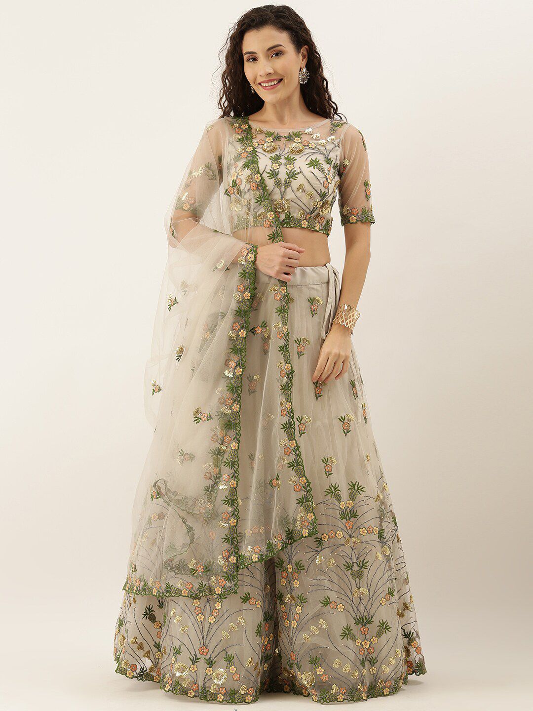 panchhi Grey & Green Embellished Semi-Stitched Lehenga & Unstitched Blouse with Dupatta Price in India