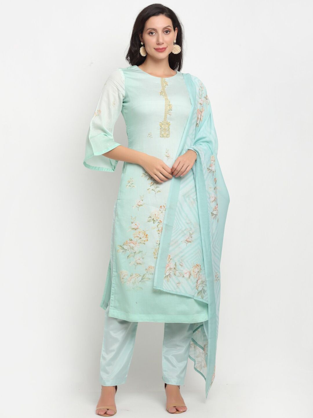 Stylee LIFESTYLE Sea Green & White Cotton Blend Unstitched Dress Material Price in India