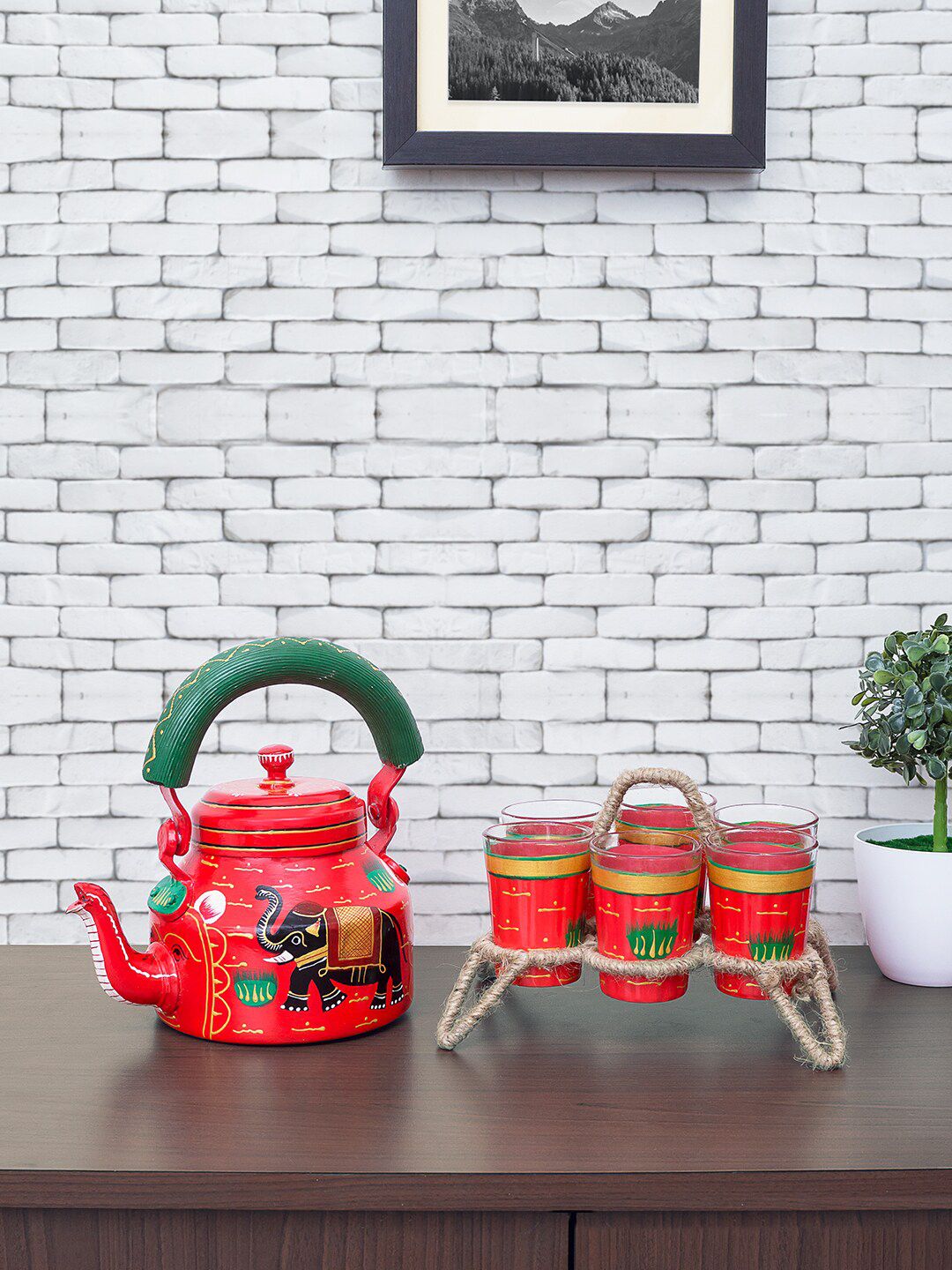 Golden Peacock Red & Green Printed Kettle With 6 Glass Set With Holder Stand Price in India