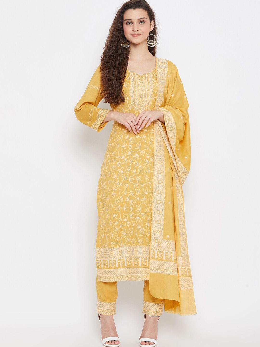 Safaa Mustard Yellow & White Pure Cotton Woven Design Unstitched Dress Material For Summer Price in India