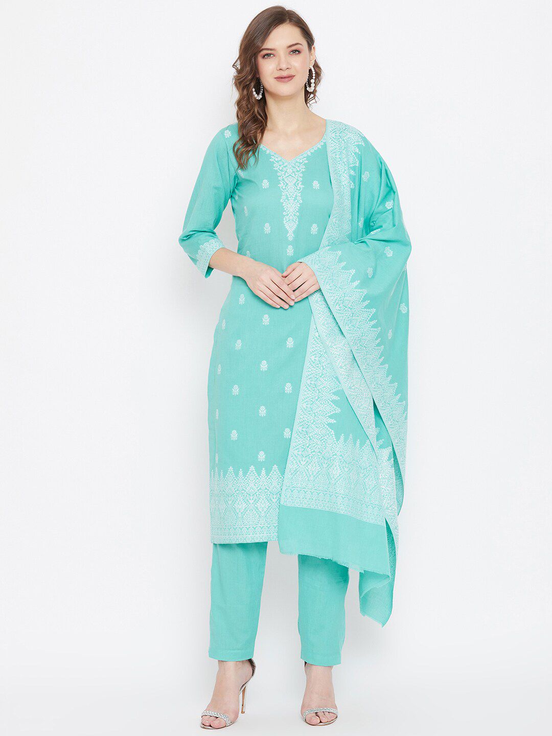 Safaa Sea Green & White Woven Design Pure Cotton Unstitched Dress Material Price in India