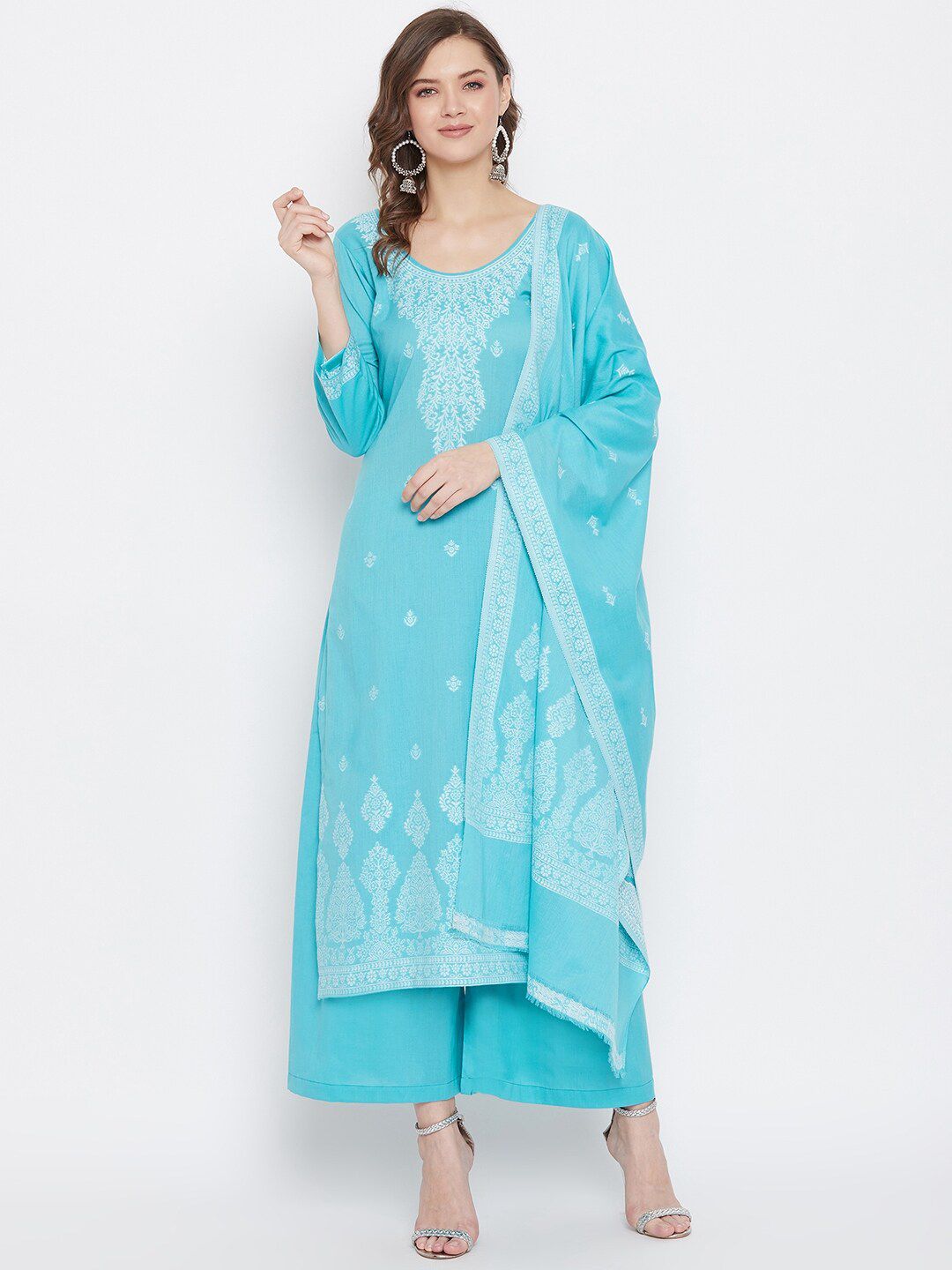 Safaa Blue & White Pure Cotton Jacquard Chikankari Woven Design Unstitched Dress Material For Summer Price in India