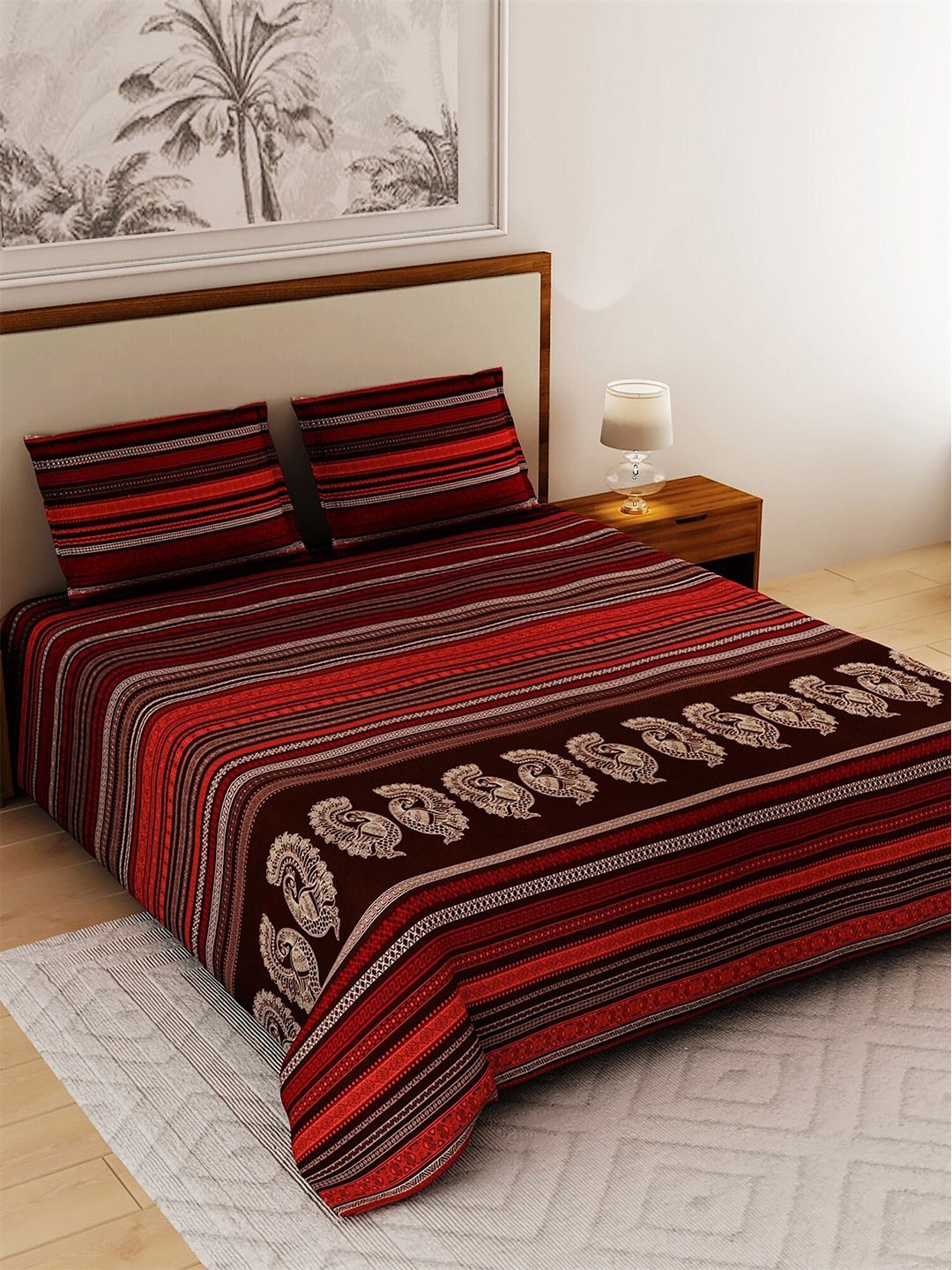 Salona Bichona Maroon & White Striped 120 TC Cotton 1 King Bedsheet with 2 Pillow Covers Price in India