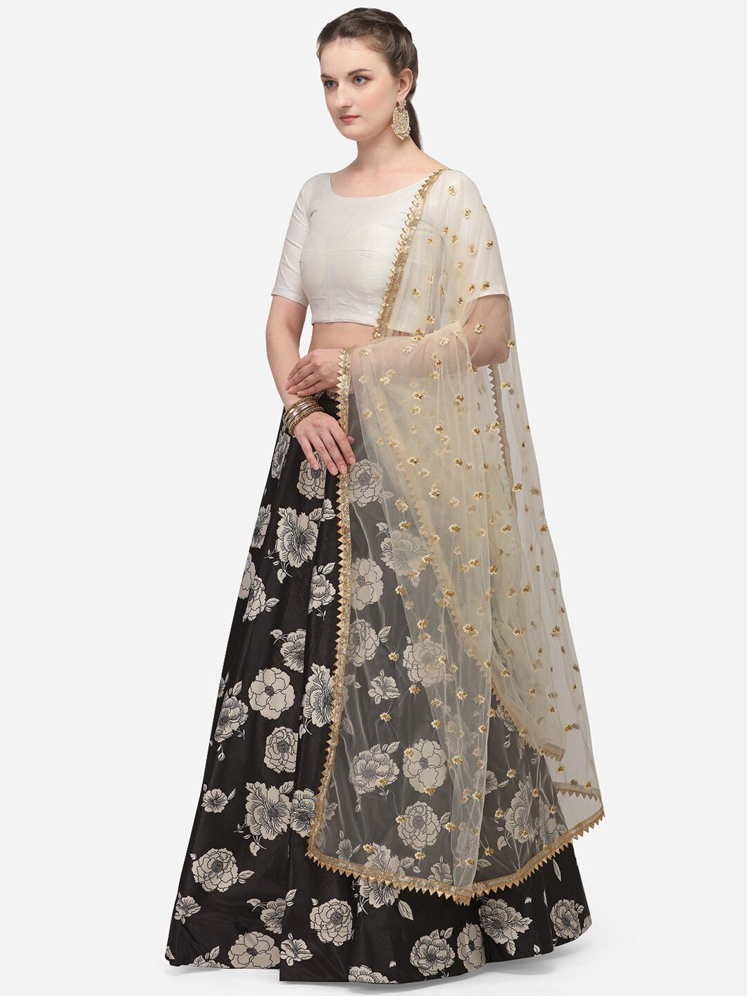 LOOKNBOOK ART Black & Cream-Coloured Solid Semi-Stitched Lehenga & Ready to Wear Blouse with Dupatta