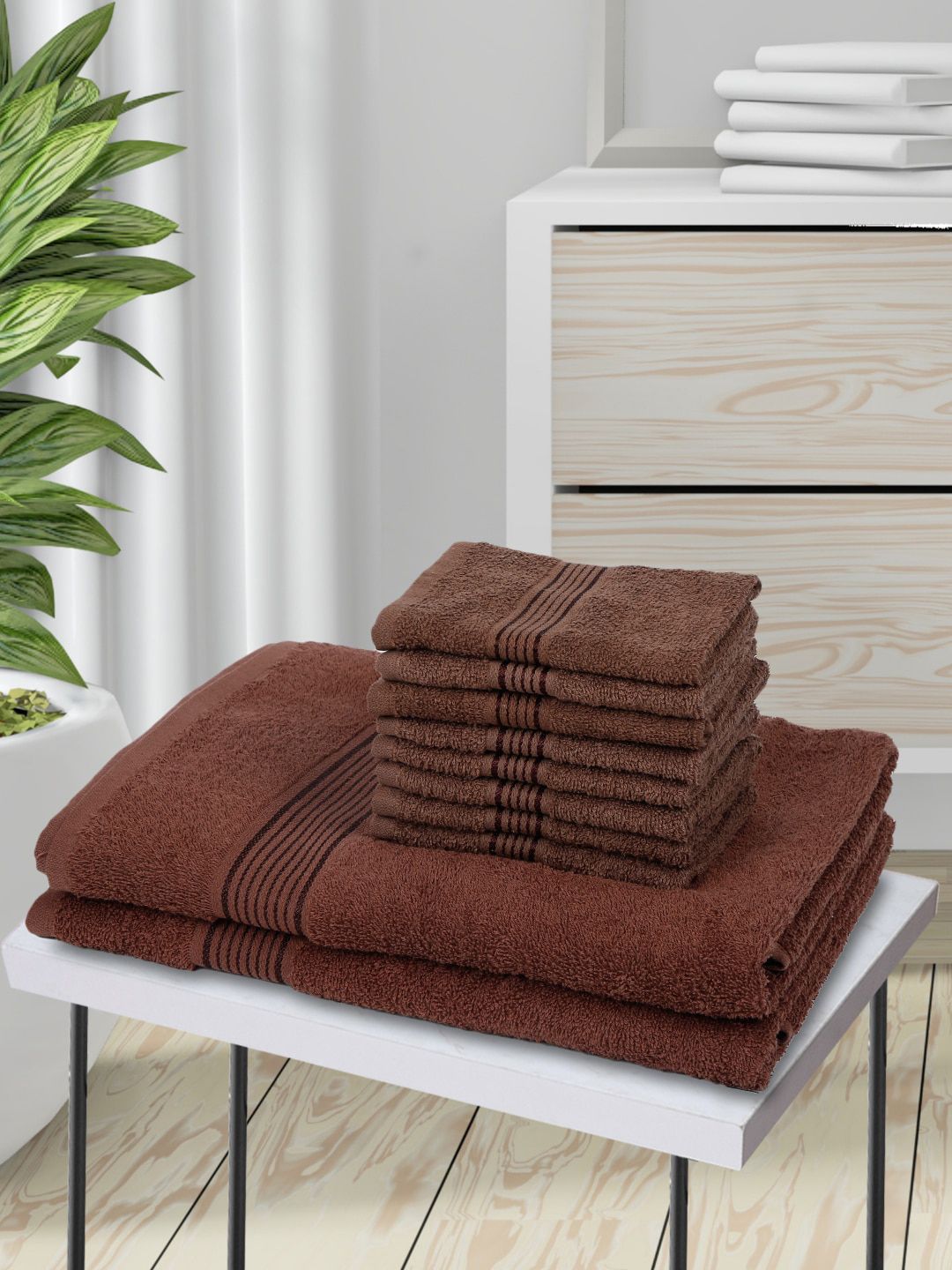 BIANCA Set Of 10 Brown Solid Pure Cotton 380 GSM Towel Set Price in India