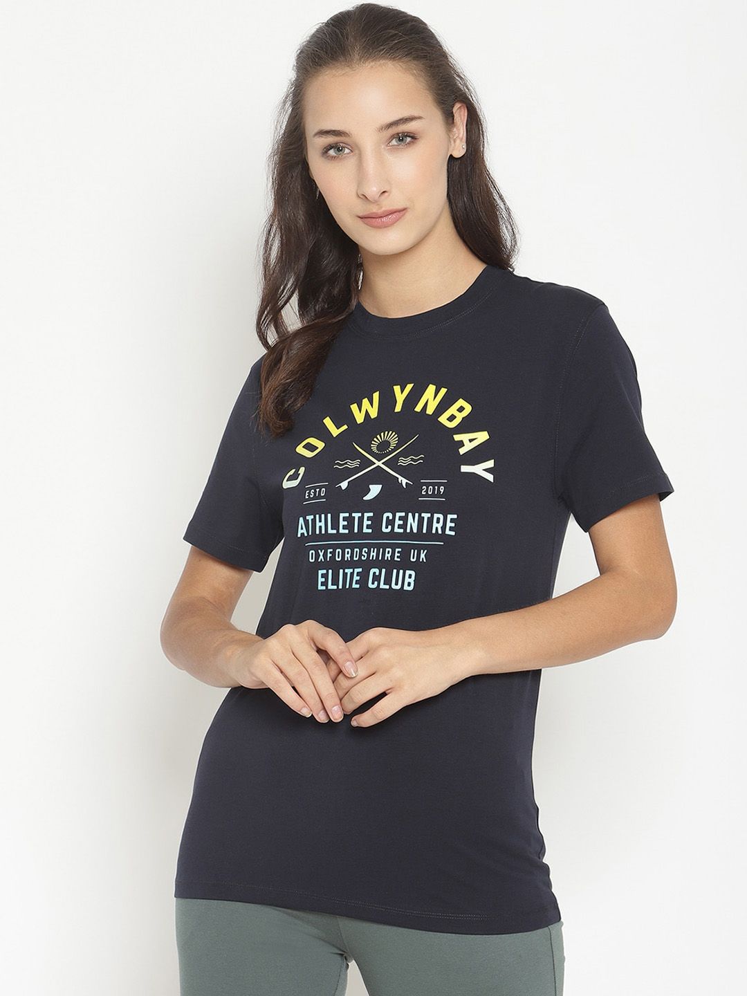 COASTLAND Women Navy Blue & Yellow Colwynbay Printed Cotton Lounge T-Shirt Price in India