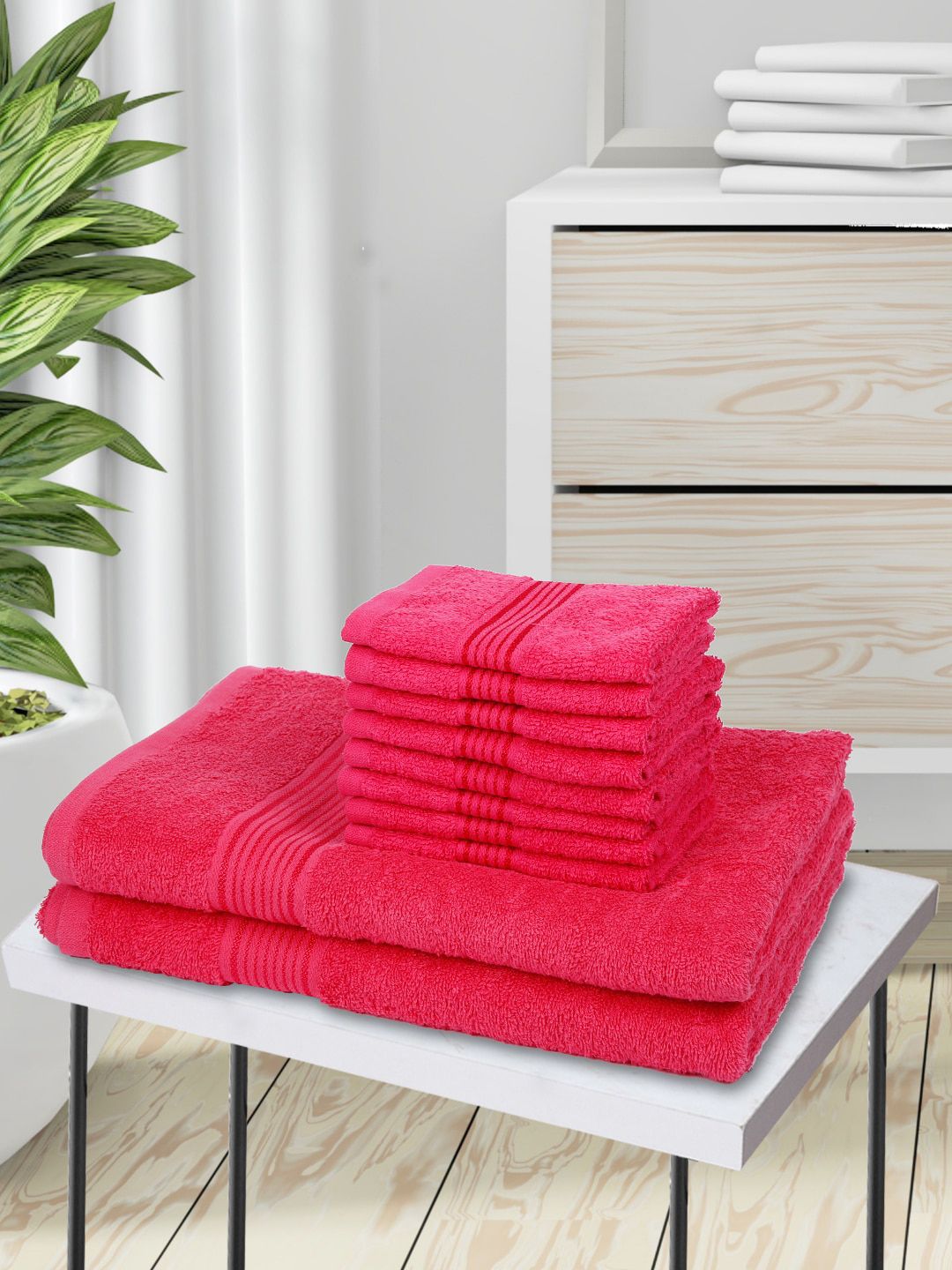 BIANCA Set Of 10 Pink Solid Pure Cotton 380 GSM Towel Set Price in India