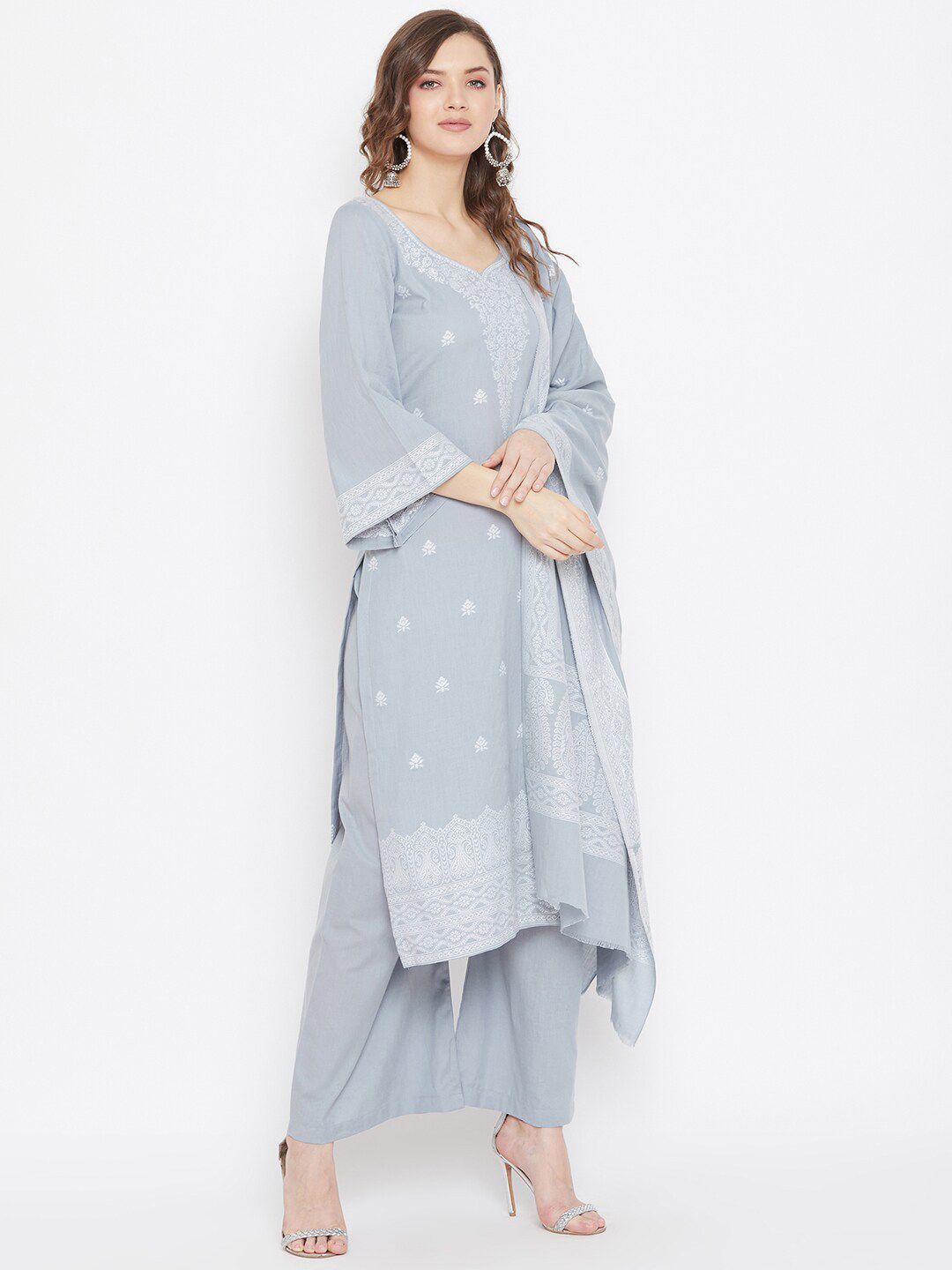 Safaa Grey & White Woven Design Pure Cotton Unstitched Dress Material Price in India