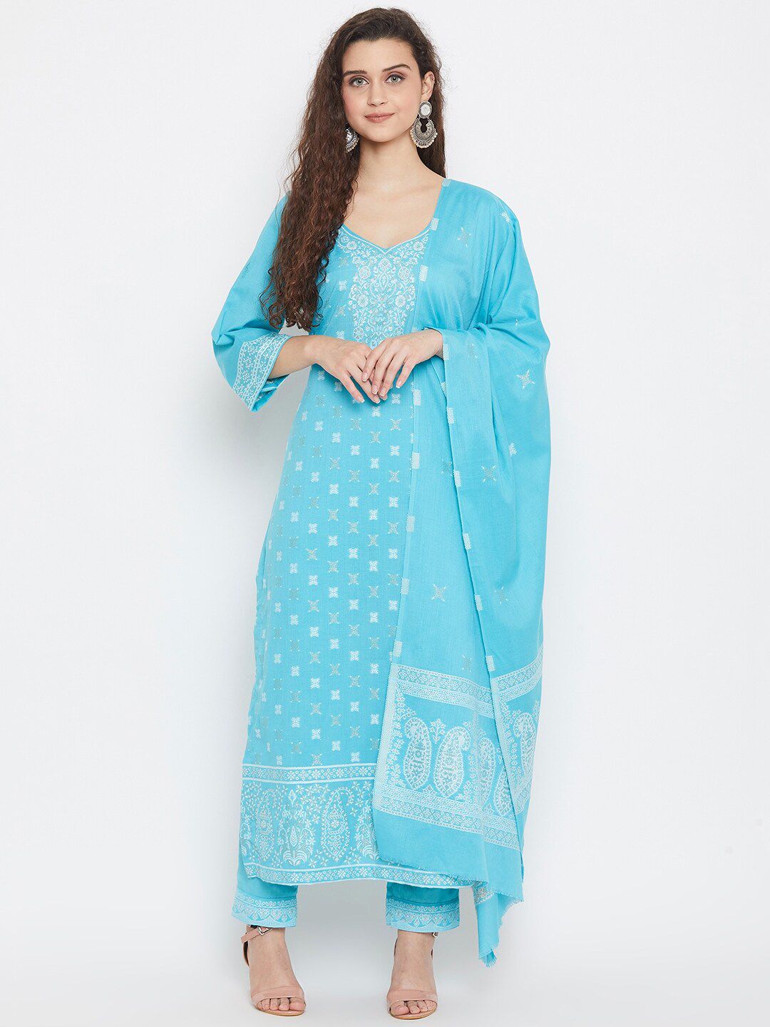 Safaa Blue & White Pure Cotton Woven Design Unstitched Dress Material For Summer Price in India