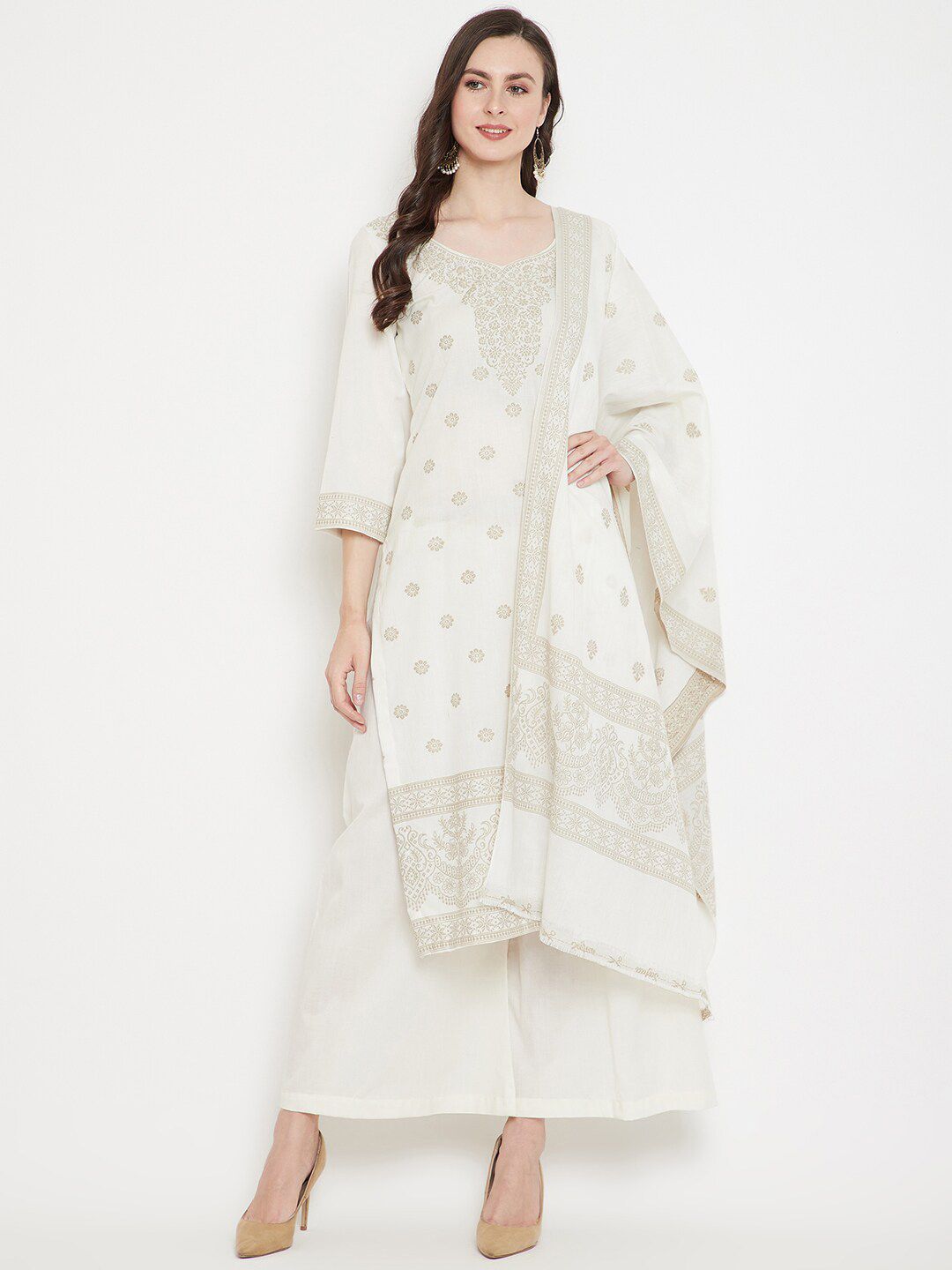 Safaa White & Beige Pure Cotton Woven Design Unstitched Dress Material For Summer Price in India