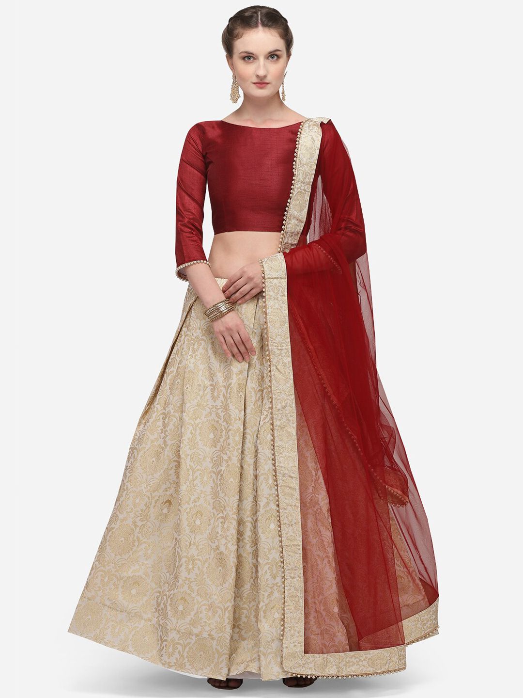 LOOKNBOOK ART Maroon & Gold-Toned Solid Semi-Stitched Lehenga & Unstitched Blouse with Dupatta Price in India