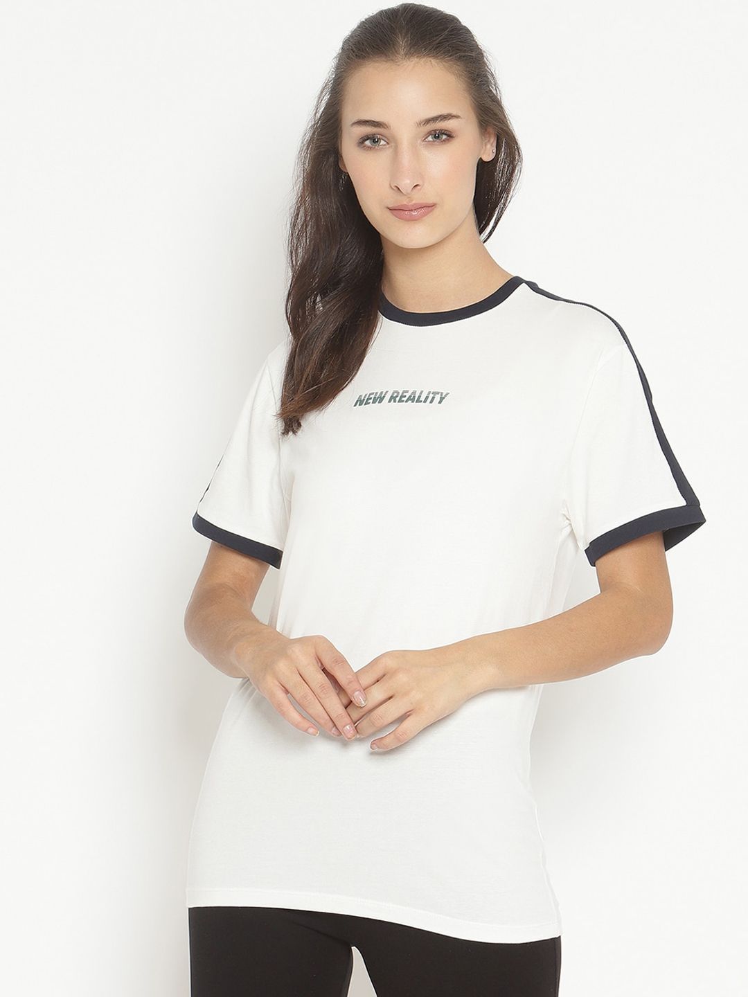 COASTLAND Women White & Black Solid Cotton Lounge T-Shirt Price in India