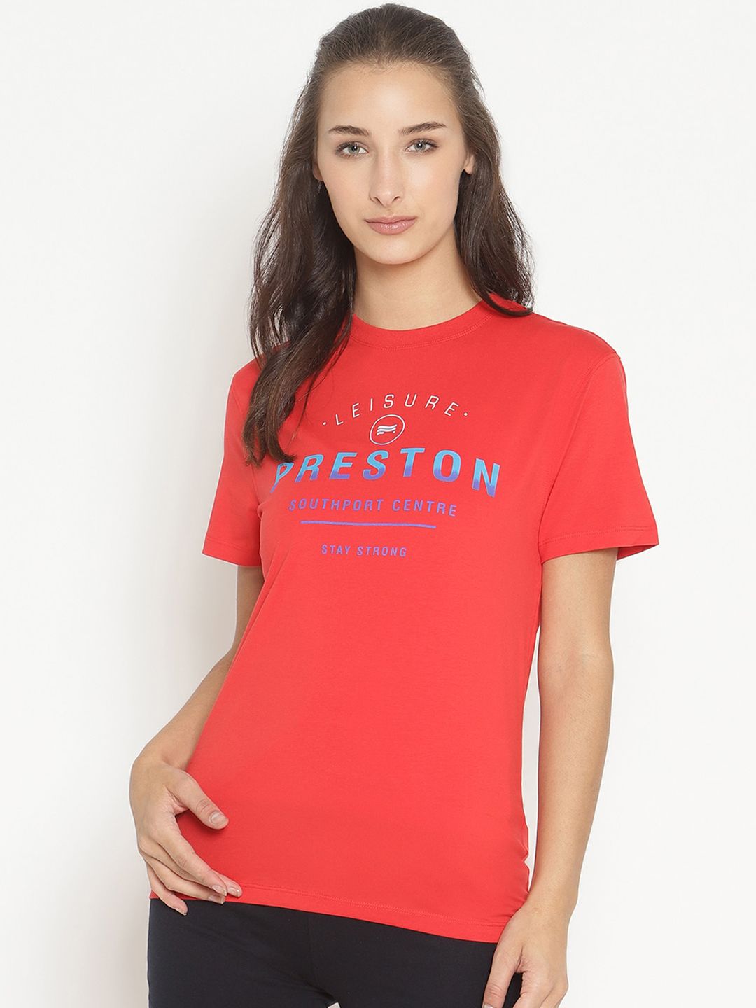 COASTLAND Women Red & Blue Printed Cotton Lounge T-shirt Price in India