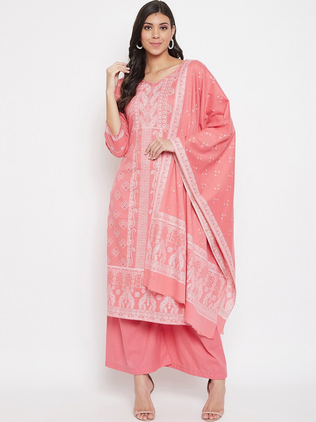 Safaa Peach-Coloured & White Pure Cotton Woven Design Unstitched Dress Material For Summer Price in India