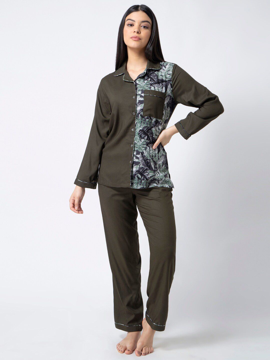 ADORENITE Women Olive Green & Grey Printed Night Suit Price in India
