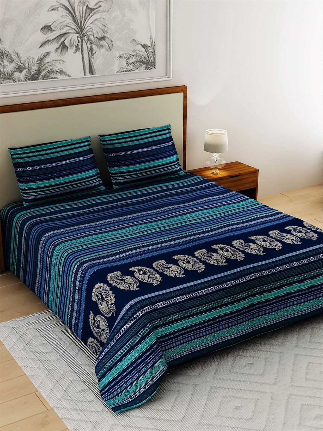 Salona Bichona Blue Striped 120 TC Cotton 1 King Bedsheet with 2 Pillow Covers Price in India