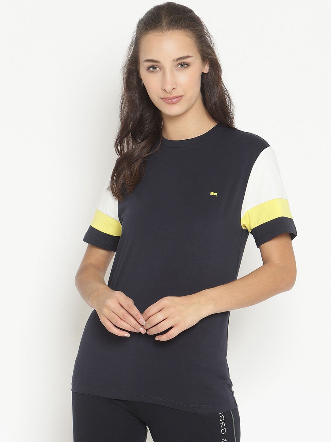 COASTLAND Women Navy Blue & White Solid Cotton Lounge T-Shirt Price in India