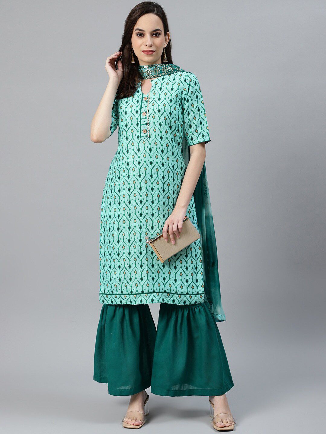 Chhabra 555 Green & Blue Cotton Blend Unstitched Dress Material Price in India