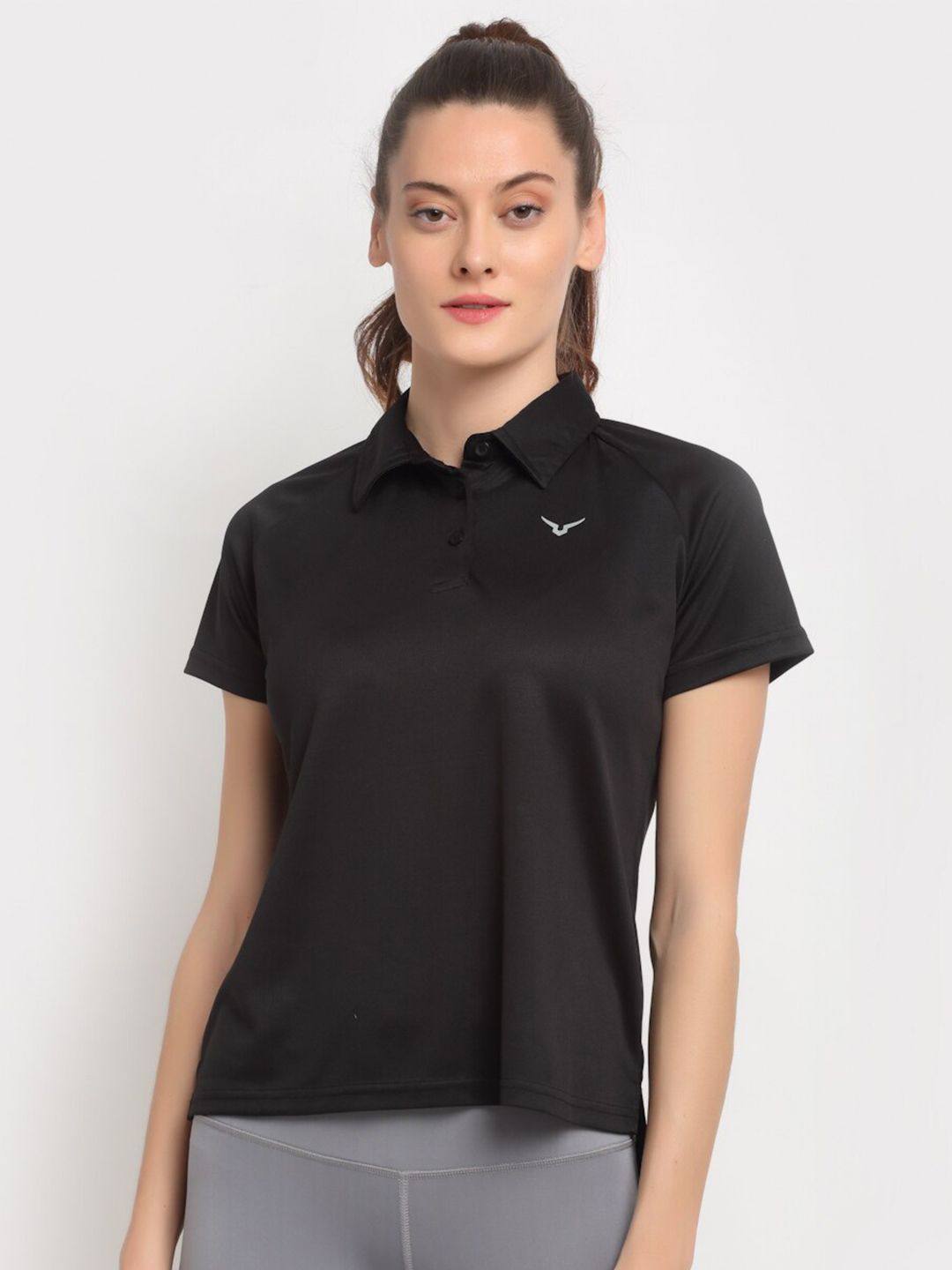 Invincible Women Black Polo Collar Slim Fit Training or Gym T-shirt Price in India