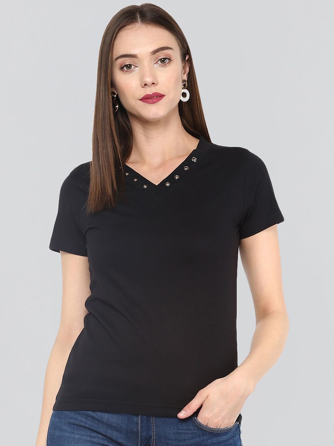 The Dry State Women Black Solid V-Neck T-shirt