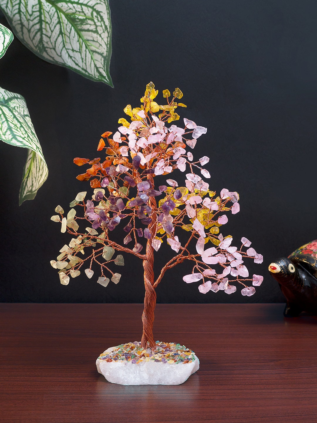 Golden Peacock Yellow & Copper-Toned Handcrafted Crystal Stone Wish Tree Showpiece Price in India