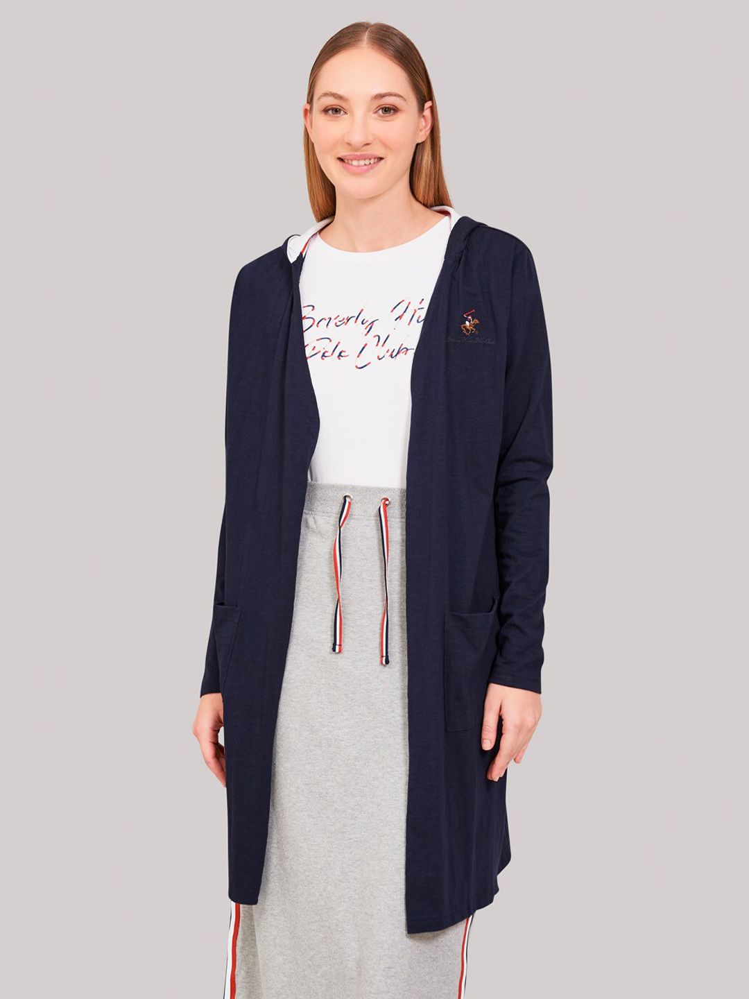 Beverly Hills Polo Club Women Navy Blue Longline Shrug Price in India