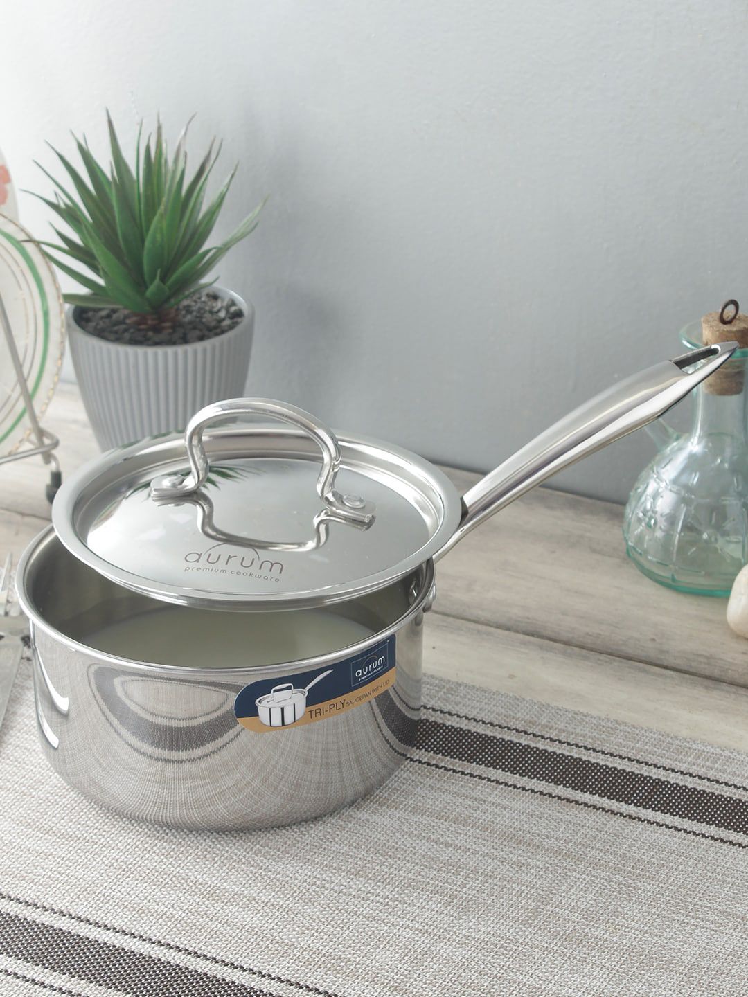 AURUM Silver-Toned Triply Stainless Steel Saucepan with Lid 2.2 Litre Price in India