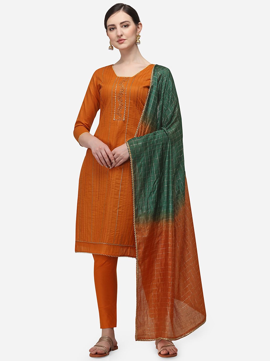 Ethnic Junction Rust Brown & Green Embellished Unstitched Dress Material Price in India