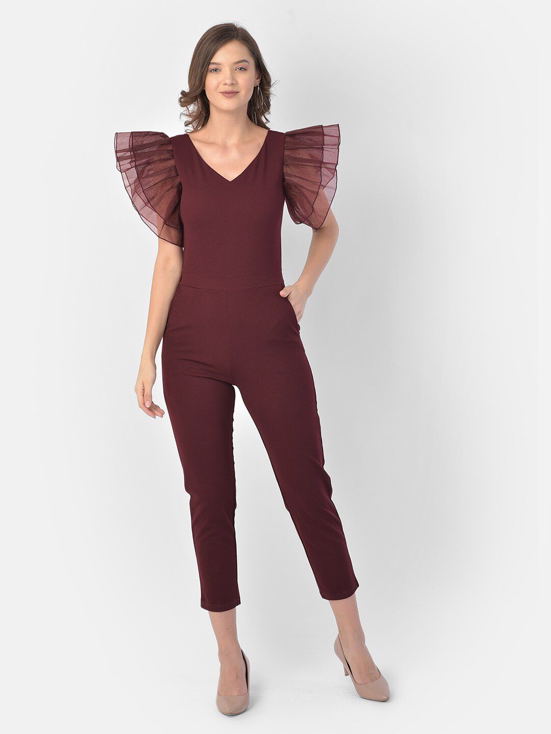 Eavan Burgundy Basic Jumpsuit with Ruffles Price in India