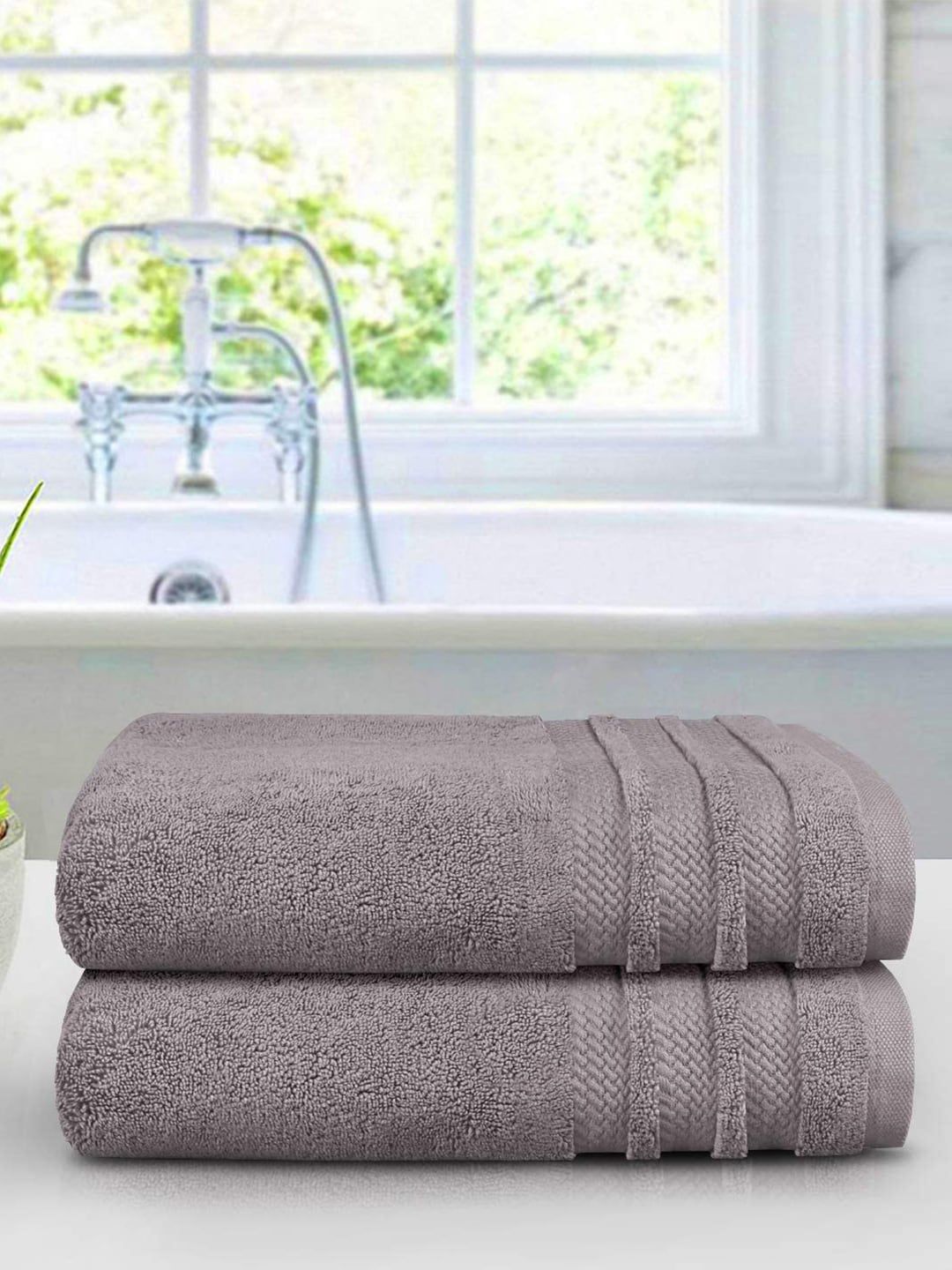 Trident Unisex Set of 2 Grey 625 GSM Cotton Bath Towel Price in India