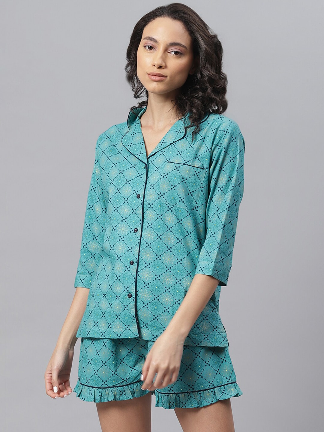 Janasya Women Turquoise Blue & White Printed Night suit Price in India