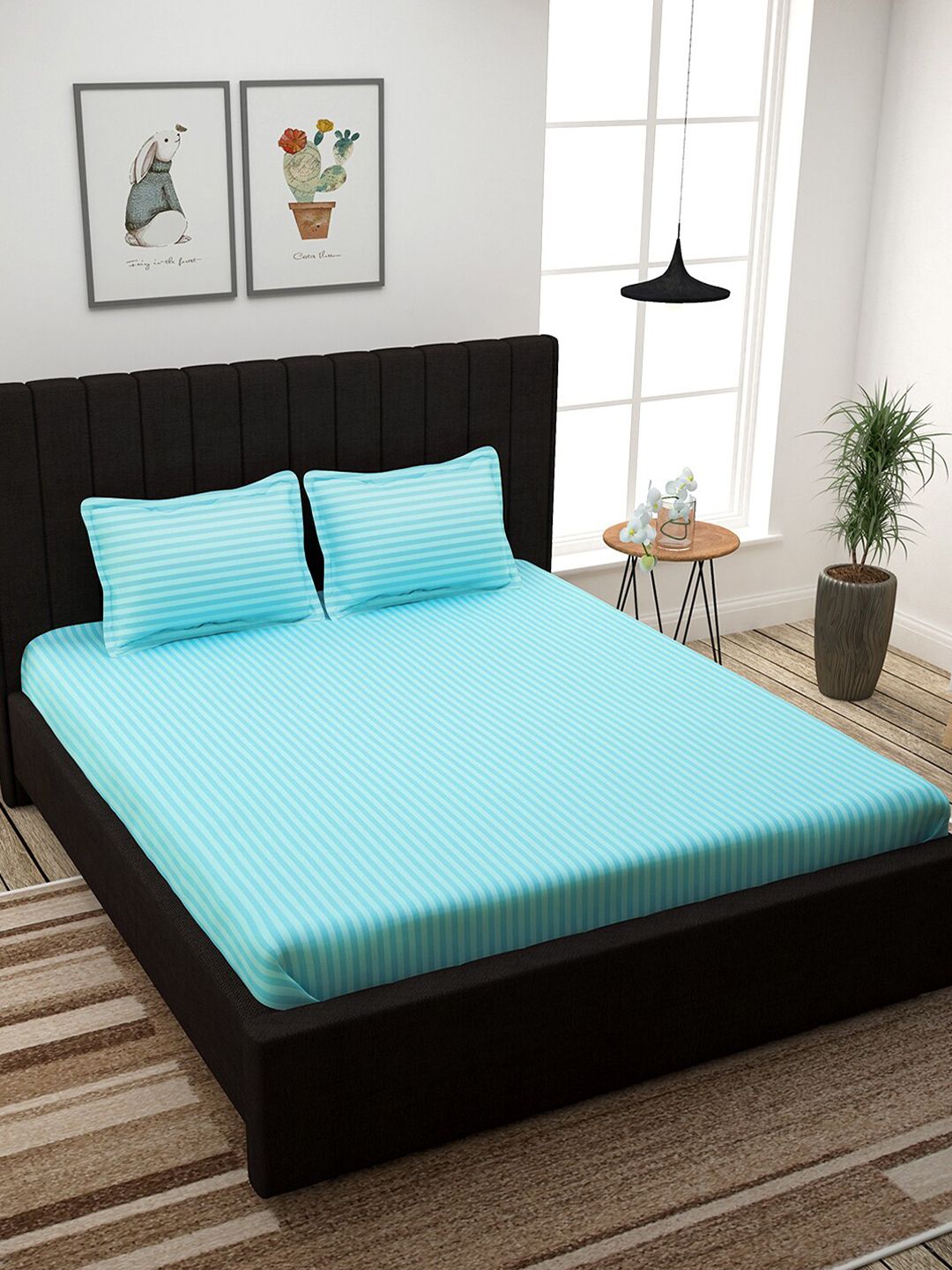 Story@home Blue Self-Striped Cotton 1 King Bedsheet with 2 Pillow Covers Price in India