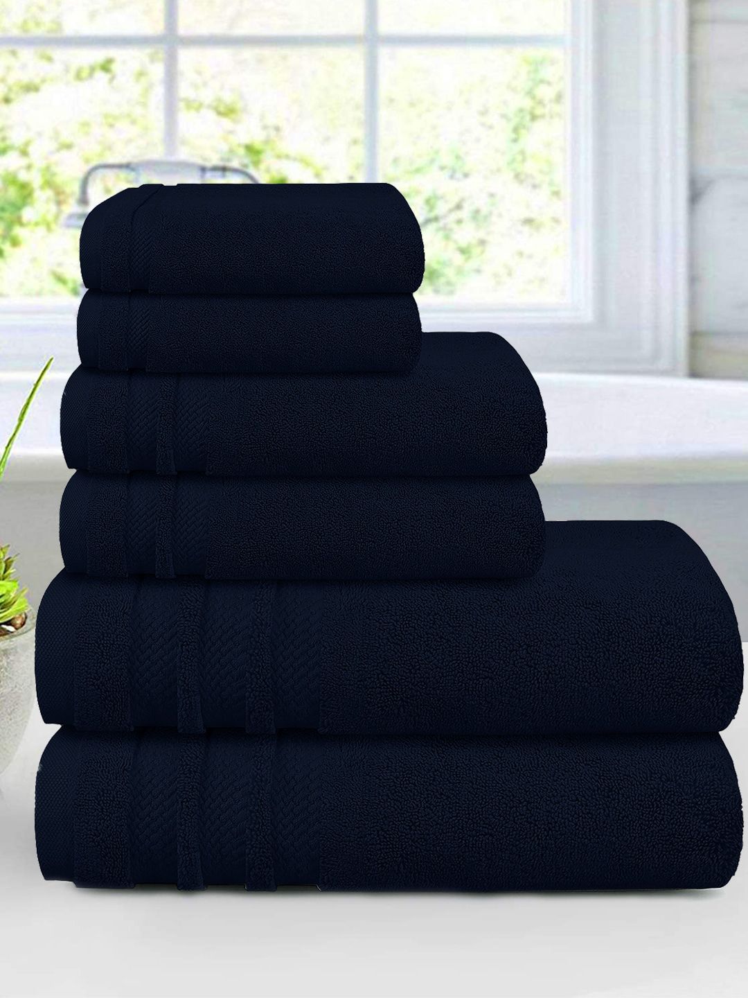 Trident Unisex Set Of 6 Navy Blue Solid 625 GSM 100% Cotton Towels Price in India