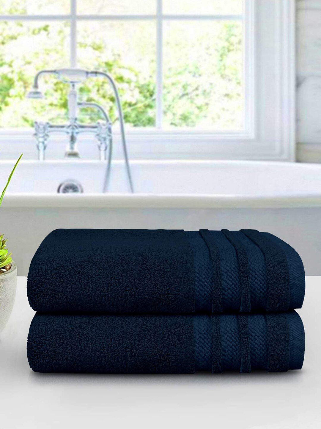 Trident Unisex Set of 2 Navy Blue 625 GSM Cotton Bath Towel Price in India