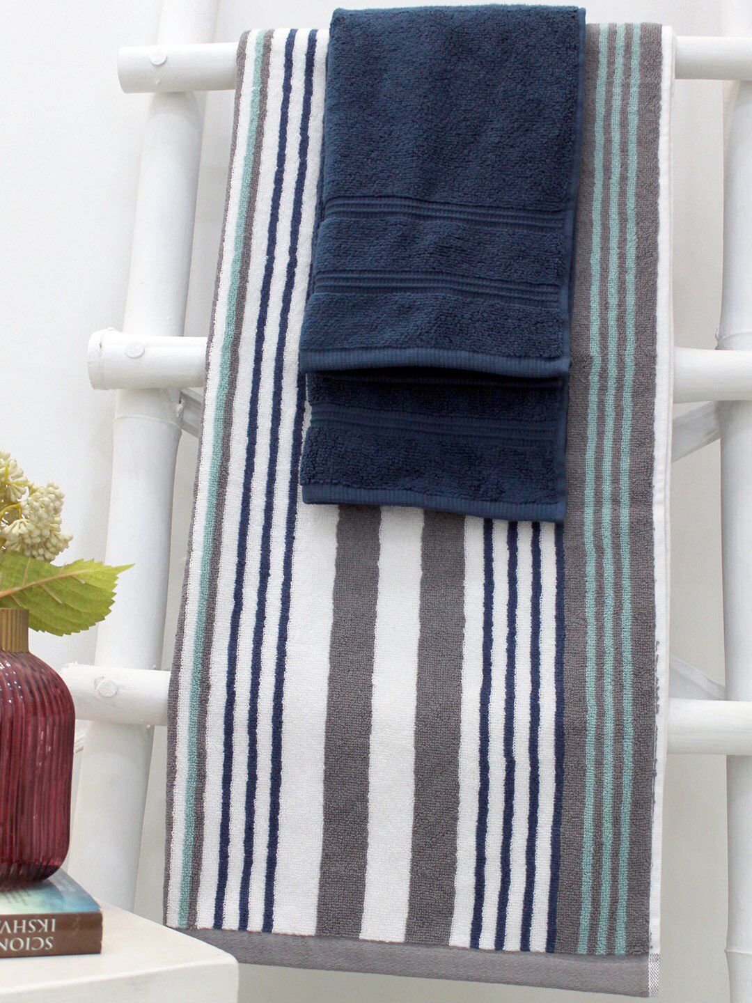 AVI Living Set Of 3 Grey & Blue Striped Cotton 550 GSM Towel Set Price in India