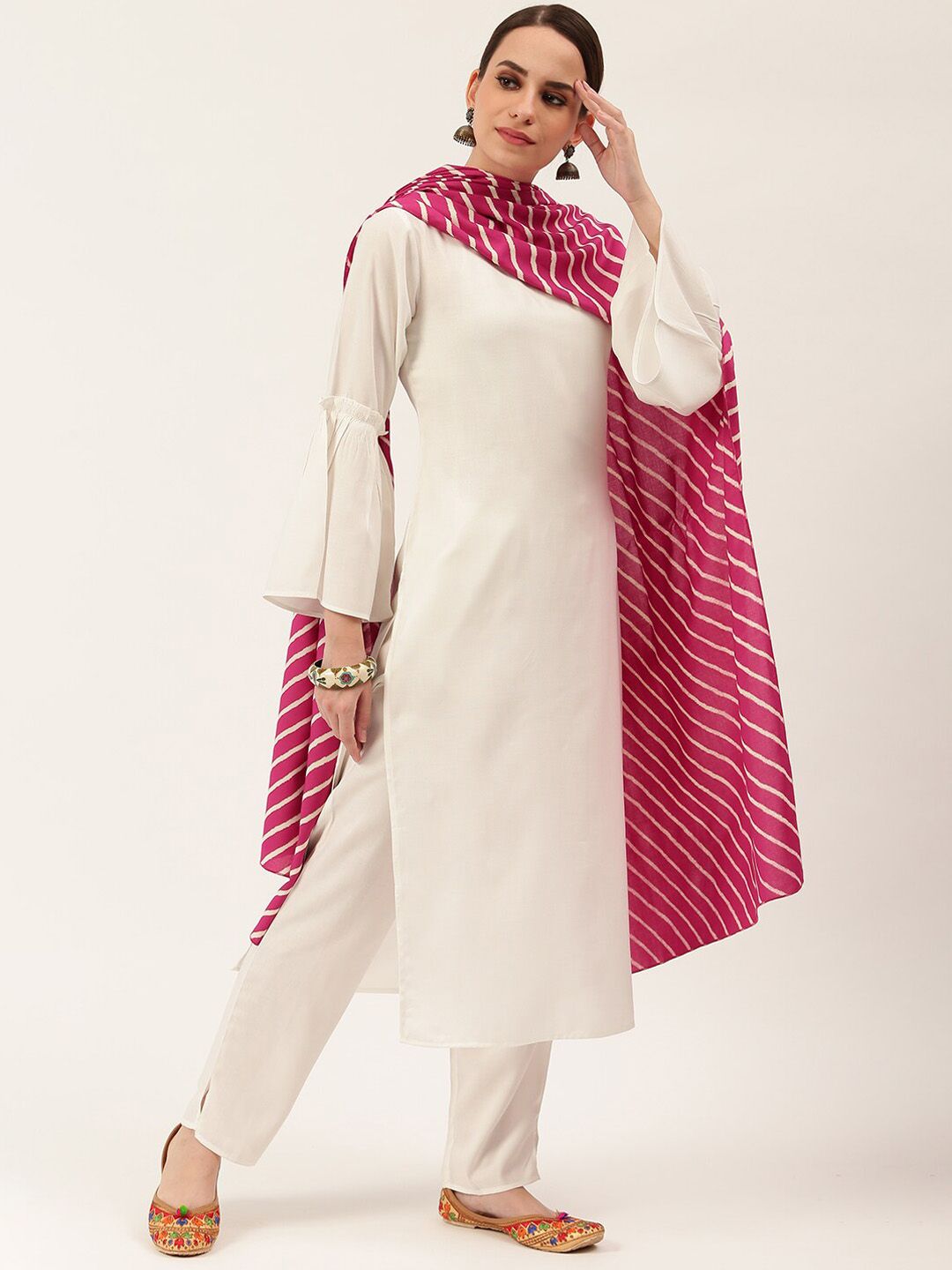 Rustorange Women White Regular Kurta with Trousers & With Dupatta Price in India