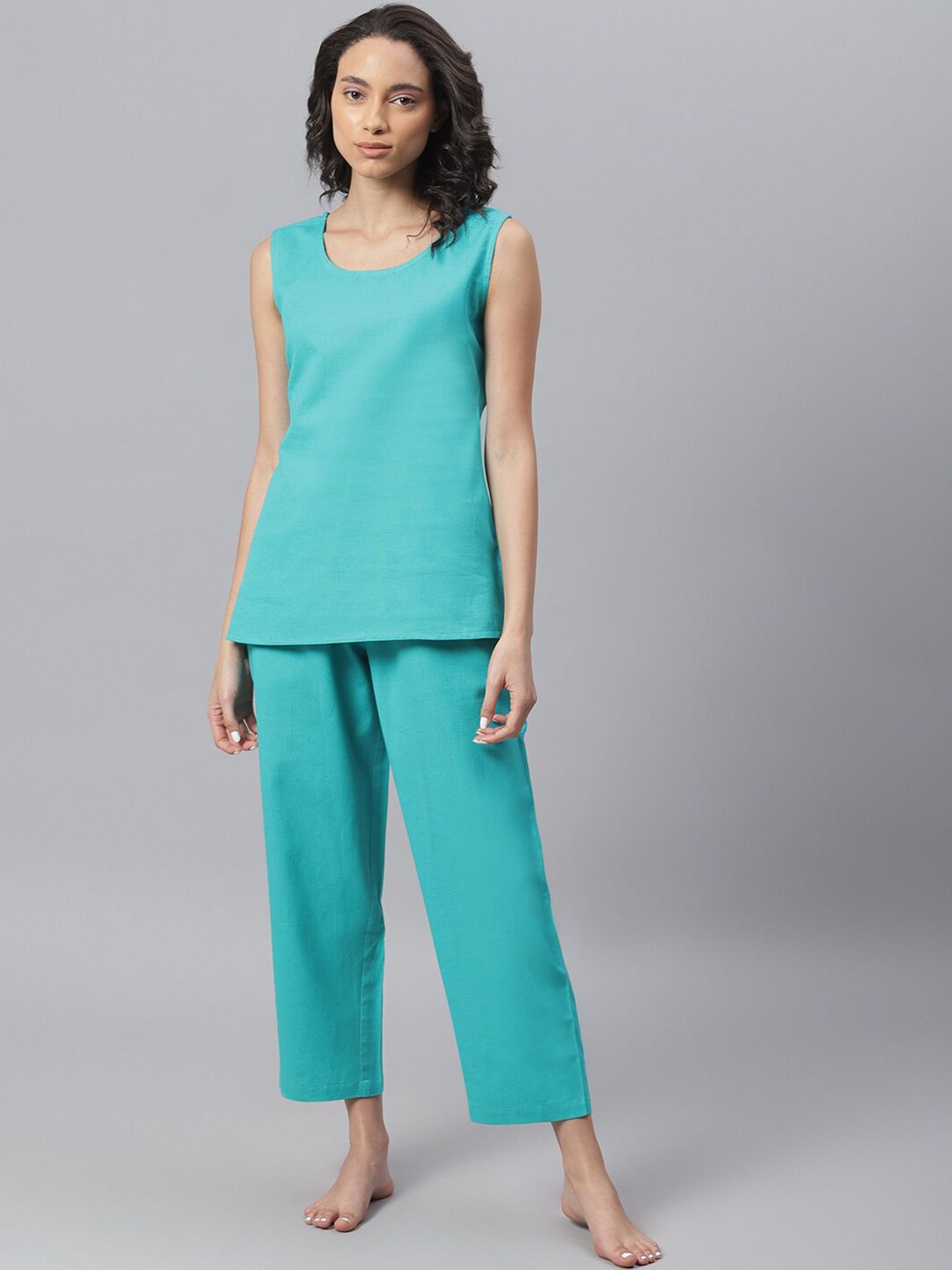 Janasya Women Turquoise Blue Solid Cotton Flex Top With Pyjama Price in India