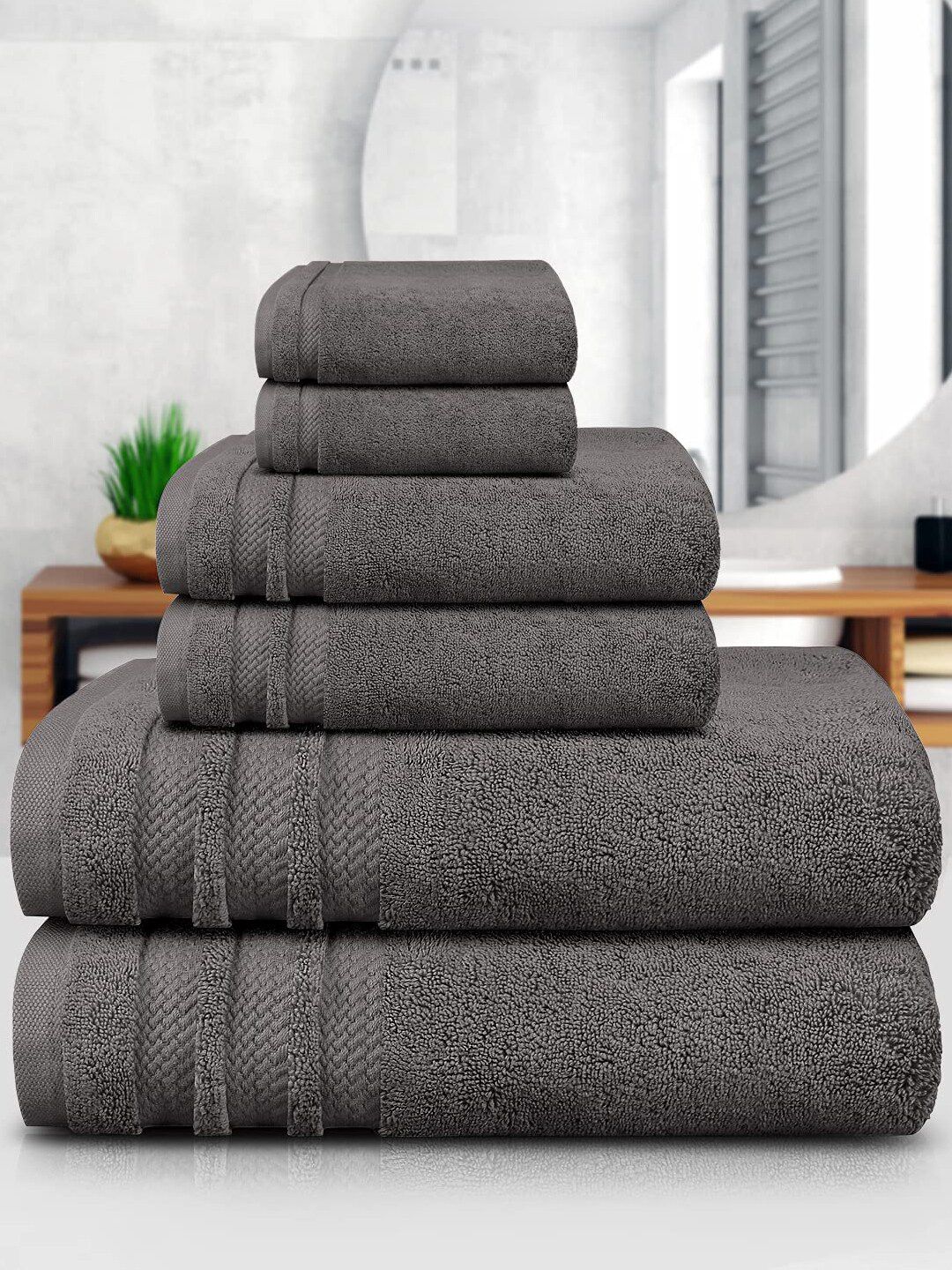 Trident Set Of 6 Charcoal Grey Solid 500 GSM Soft & Plush Pure Cotton Towel Set Price in India