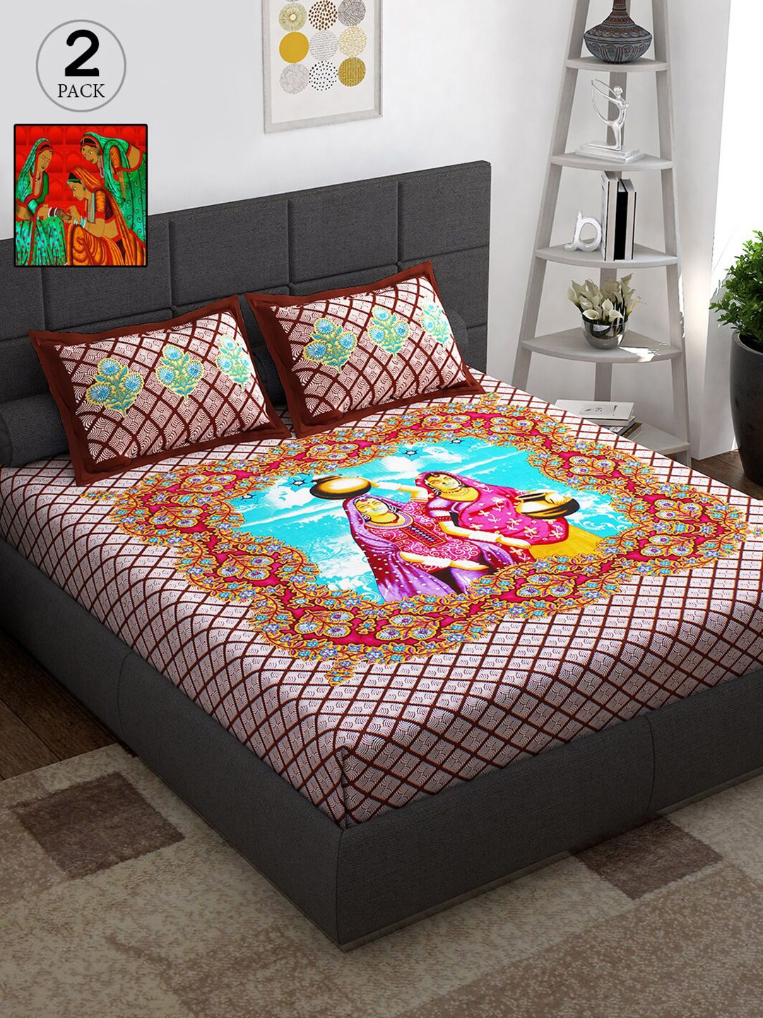 Story@home Multicoloured Ethnic Motifs 152 TC Cotton 2 Queen Bedsheet with 4 Pillow Covers Price in India