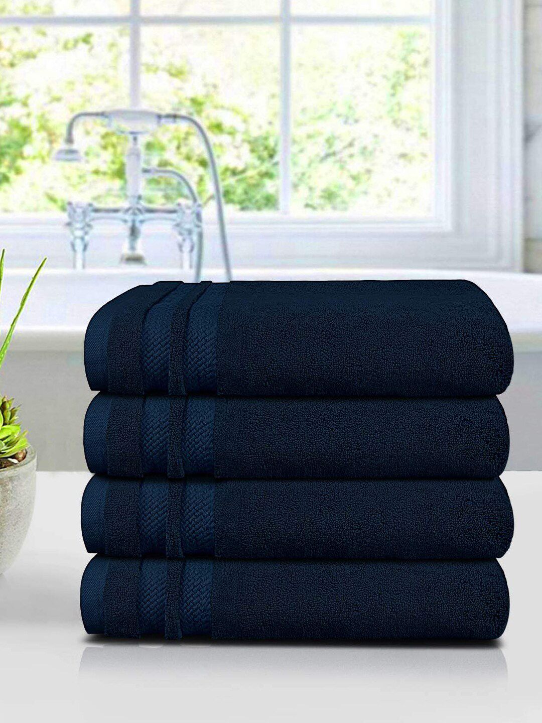 Trident Navy Blue Set Of 4 625 GSM Solid Bath Towels Price in India
