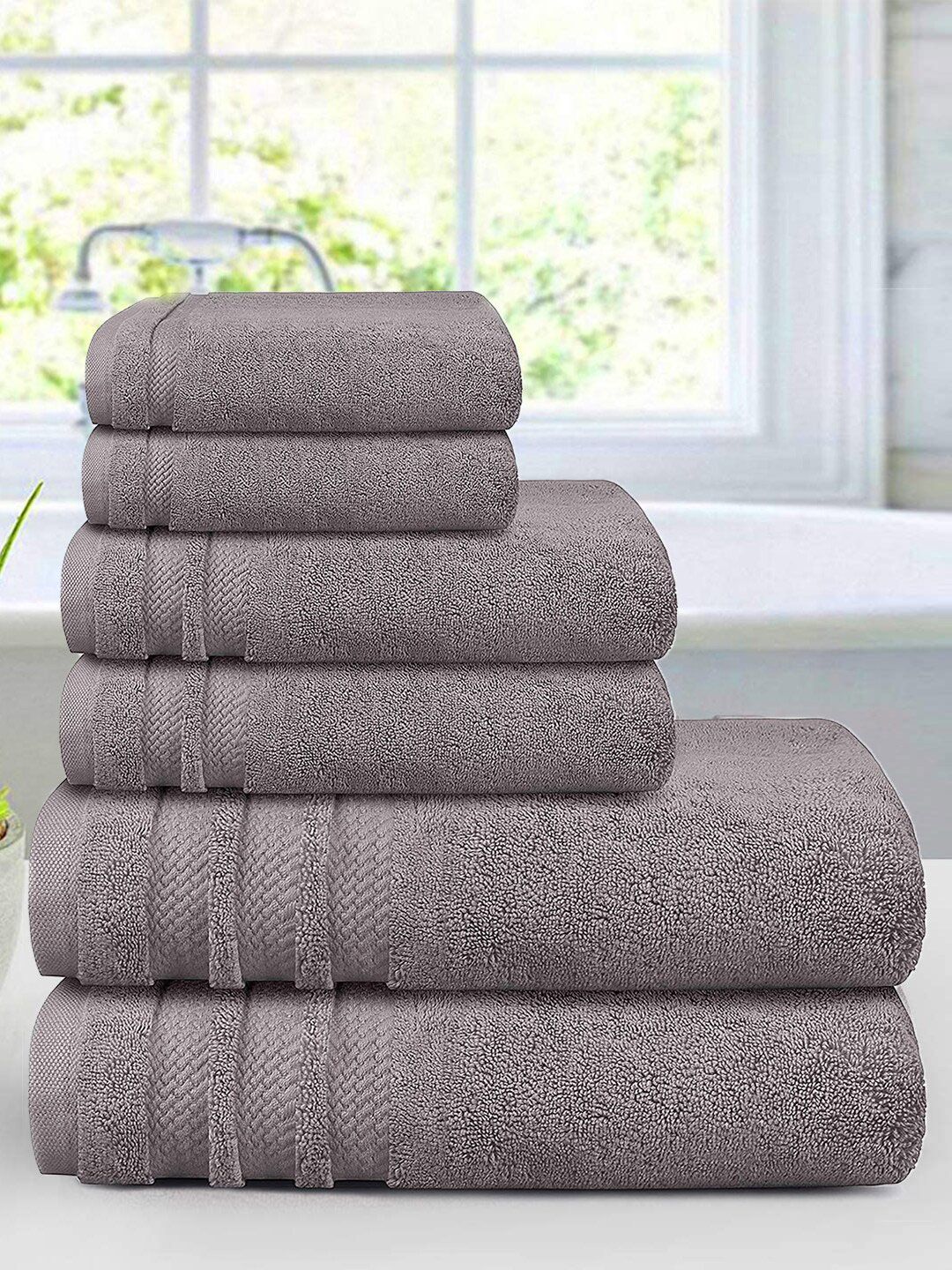 Trident Set Of 6 Grey Solid 100% Cotton 625 GSM Towel Set Price in India