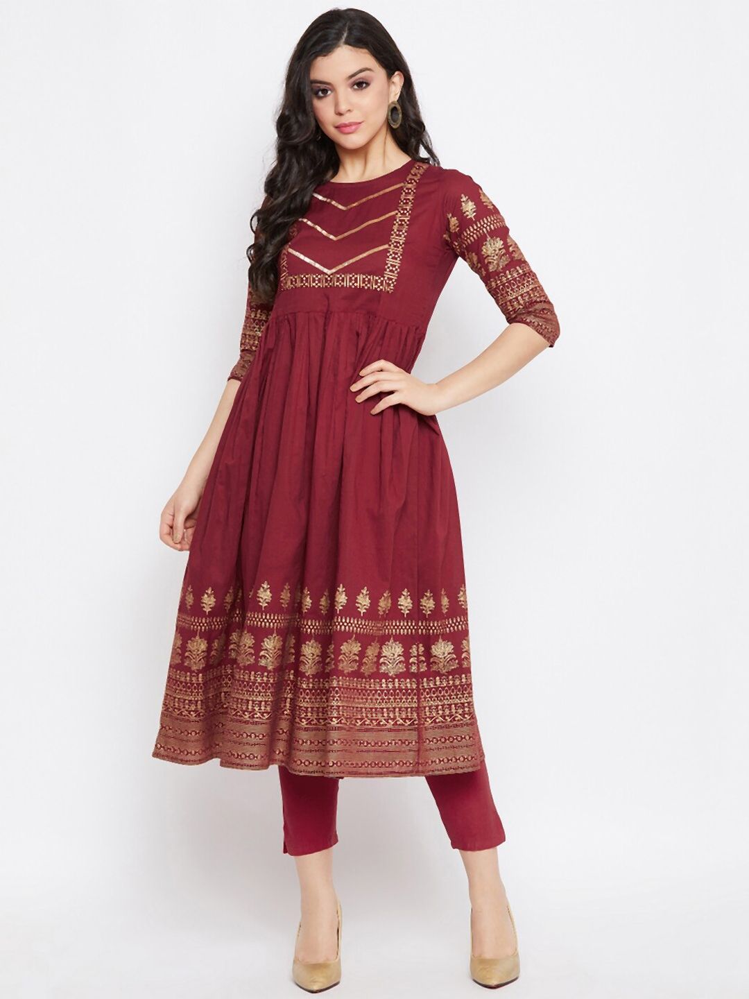 WineRed Women Maroon Floral Print Cotton Flared Kurta Price in India