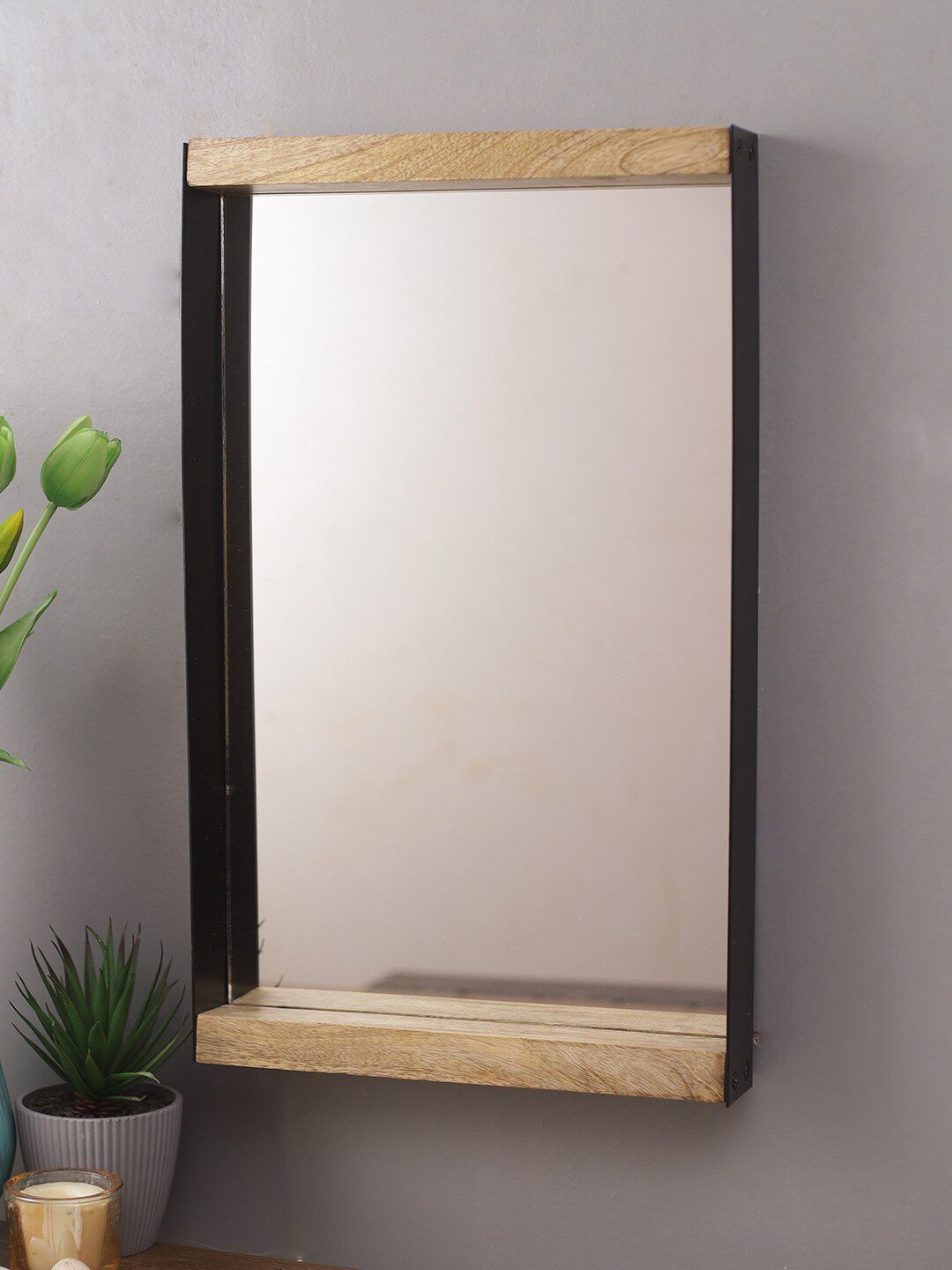 Aapno Rajasthan Beige Handcrafted Rectangular Wooden Wall Mirror Price in India