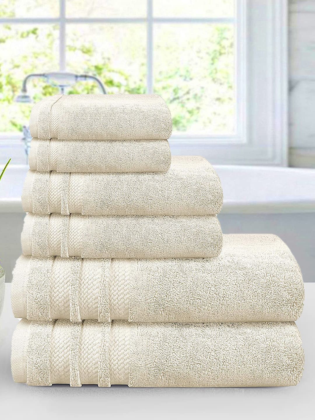 Trident Unisex Set Of 6 Off-White Solid 625 GSM Pure Cotton Towels Price in India