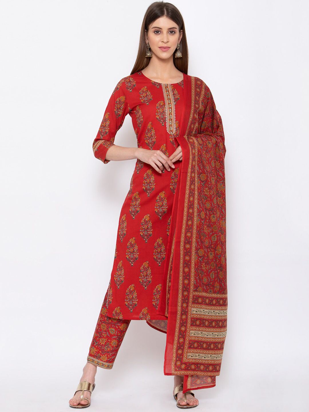 Yuris Women Red Ethnic Motifs Printed Pure Cotton Kurta with Trousers & With Dupatta Price in India