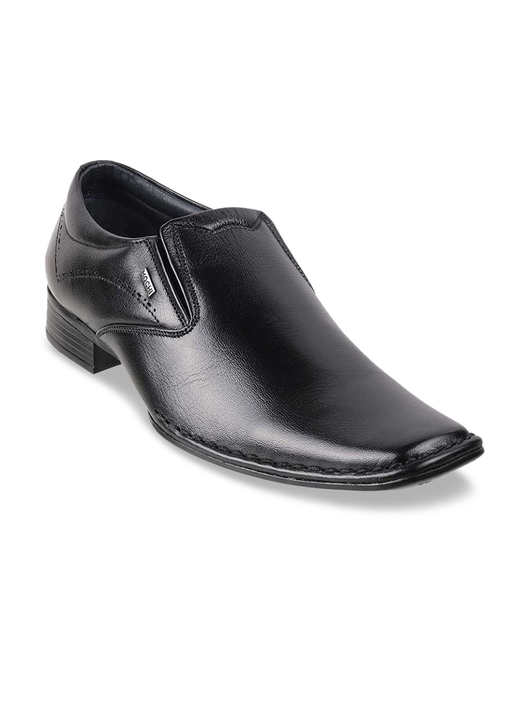 Mochi Men Black Solid Leather Formal Slip-Ons